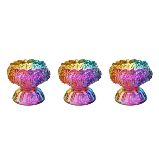 FUOYLOO Butter Lamp Holder Glass Candlesticks 3pcs Small Colorful Crystal Glass Decorative Candleholders for Religious Offering and Desktop Home Décor