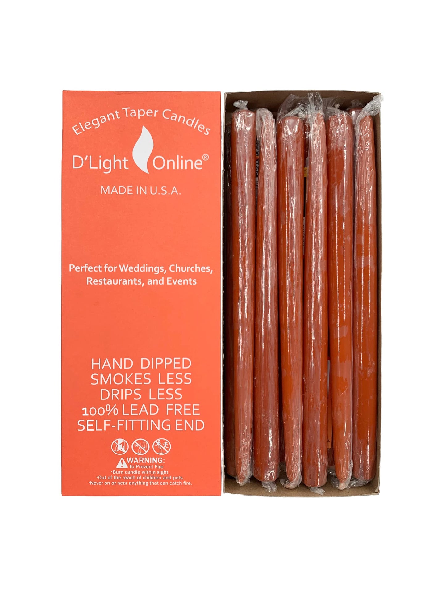 D'light Online Elegant 12" Unscented Cinnamon Burnt Orange Taper Candles Premium Quality Hand-Dipped Tapered Candles, Dripless and Smokeless - Set of 12 Individually Wrapped (12 Inch, Cinnamon)