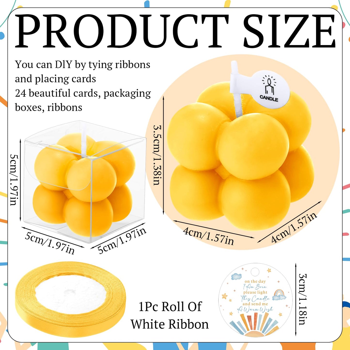 MTLEE 24 Sets Here Comes the Son Baby Shower Favors Small Bubble Candle for Guests Tea Candles Bulk with Stylish Ribbons Cards Gifts Party Decoration(Yellow, Sun)