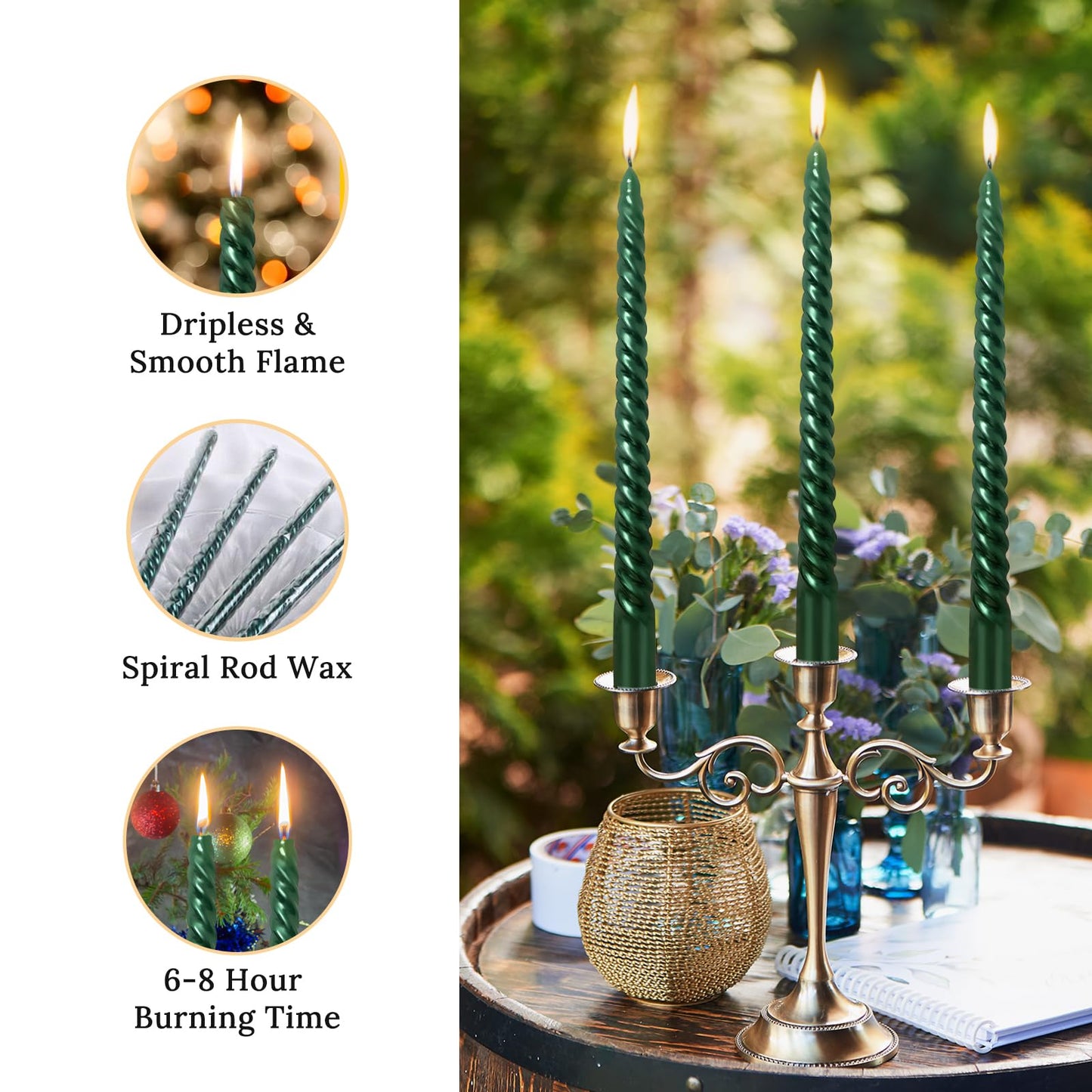 10 Inch Green Spiral Taper Candles Set for Christmas and Spring, Unscented Dripelss Candlesticks for St. Patrick's Day Holiday Party Decoration