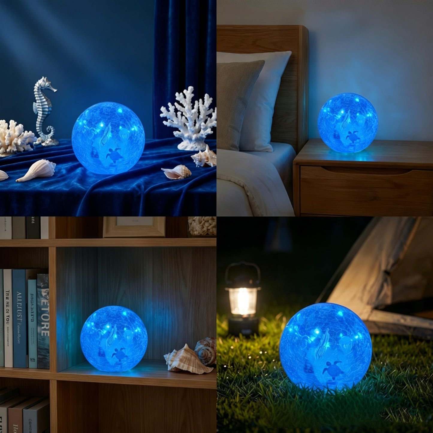 3PCS Summer Decorative Lights, 3.93 Inch Summer Desktop Decoration LED Night Light, Christmas Gift, Birthday Gift, Cracked Glass Ball Light with Timer, Desktop Decoration (Turtle)