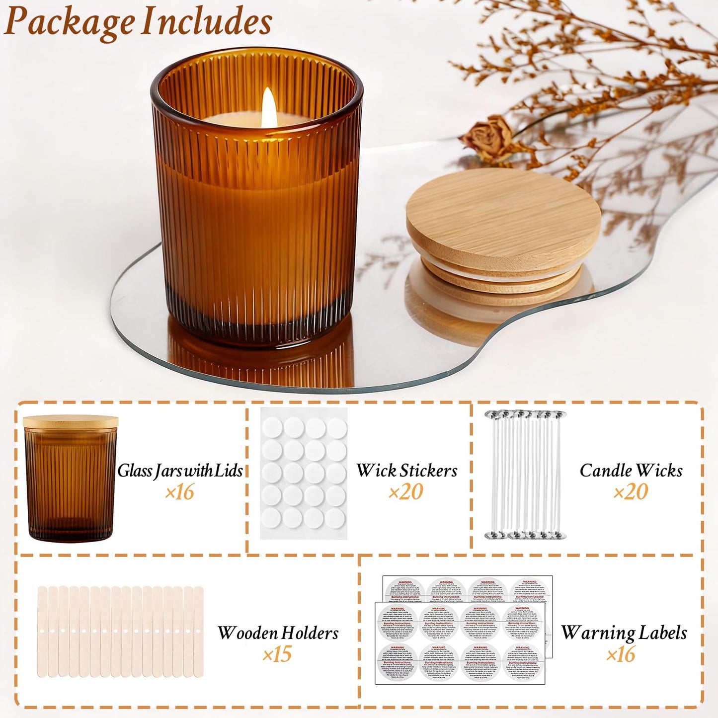 CONNOO 16pcs Ribbed Candle Glass Jars with Natural Bamboo Lids, 7oz Thick Containers for Candle Making with Wicks & Stickers, Ribbed Amber Jars for DIY Projects, Bulk Orders, Gifts & Home Décor