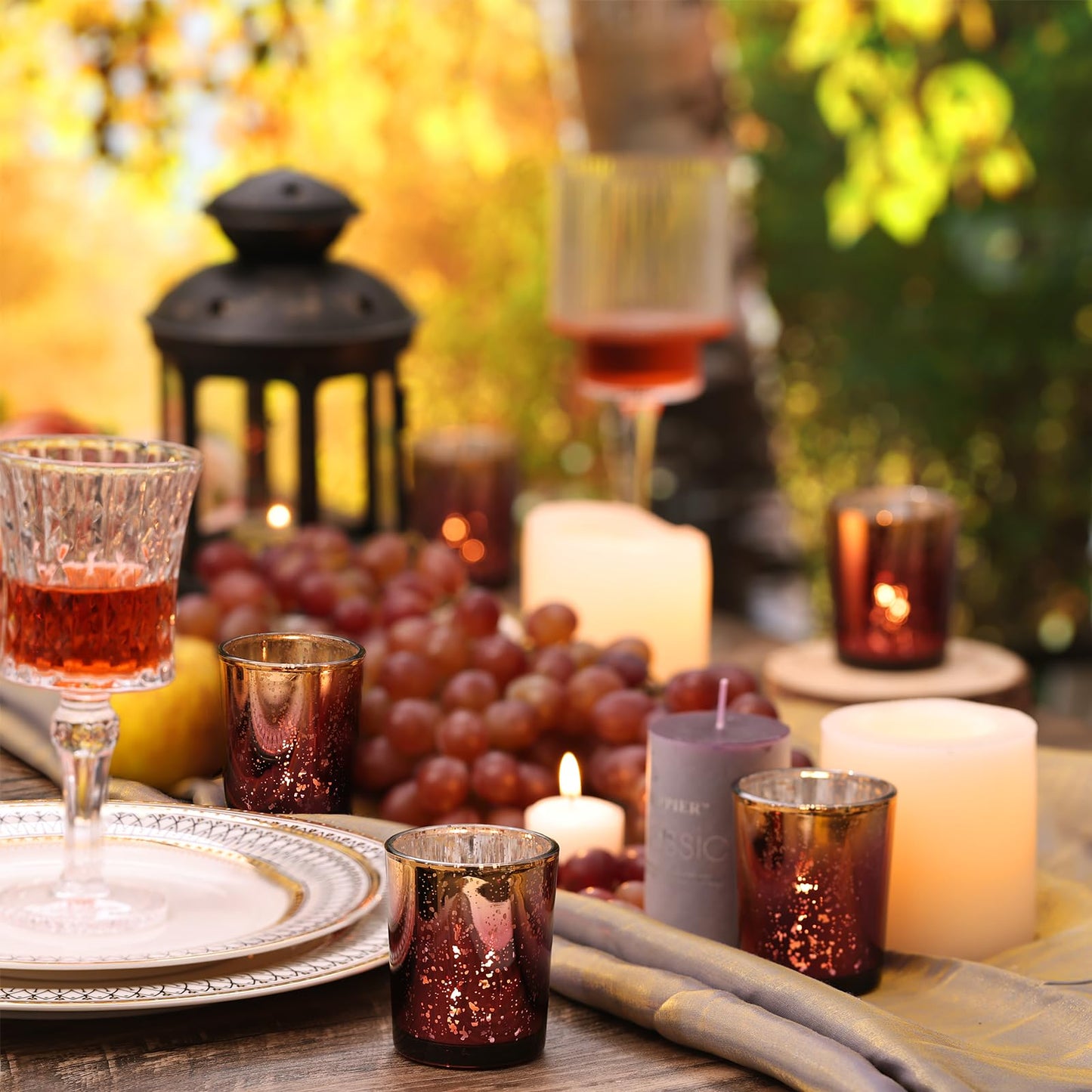 Volens Burgundy Votive Candle Holders Set of 12, Speckles Mercury Glass Tealight Candle Holder Bulk for Table Wedding Centerpiece, Burgundy and Gold Themed Party Decorative & Home Decor