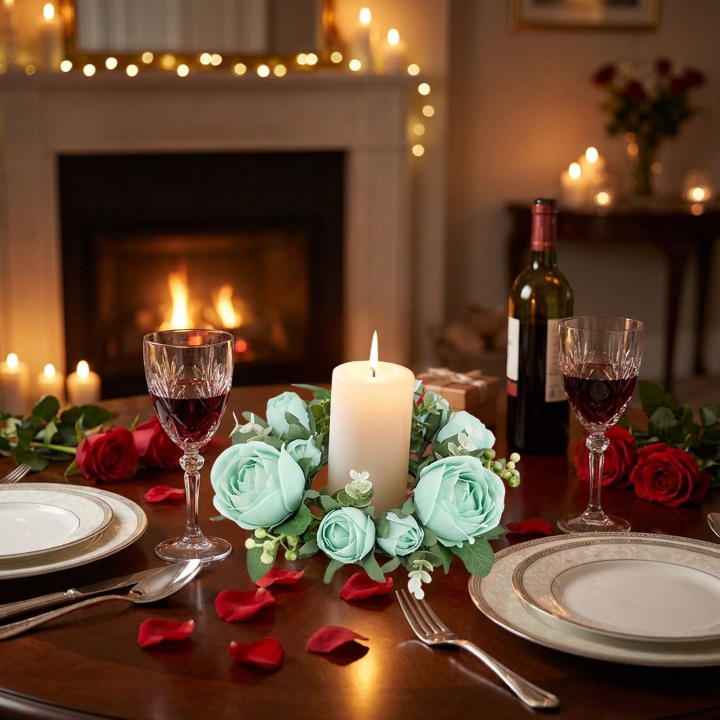 Artificial Rose Candle Rings Wreath Mini Floral Wreaths Pillar Candle Holder with Blooming Flowers and Green Leaves for Wedding Party Home Table Centerpieces Decor (Blue)