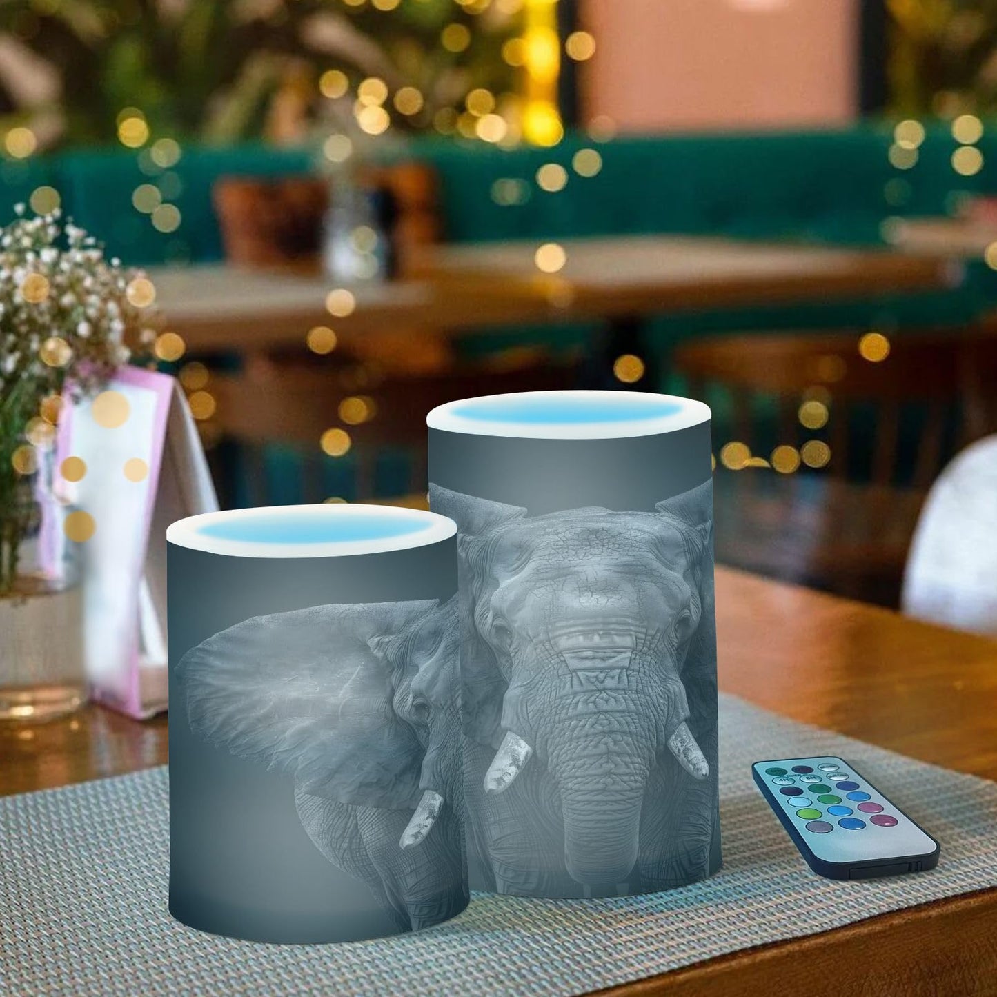 panksolu Flickering Flameless Candles, African Elephant Portrait LED Candles with Remote Timer, Battery Operated Candle for Wedding Halloween Christmas Decor - Set of 2