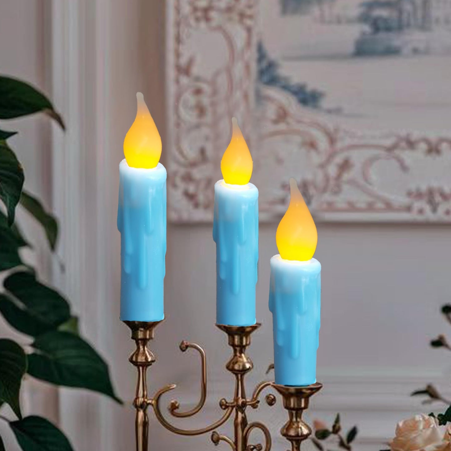 LINCOUNTRY.Primitive Wax Short Taper Candles Battery Operated with Timer Flameless Taper Candles Flickering Flame Small Led Blue Candlesticks for Christmas Halloween Home Decor