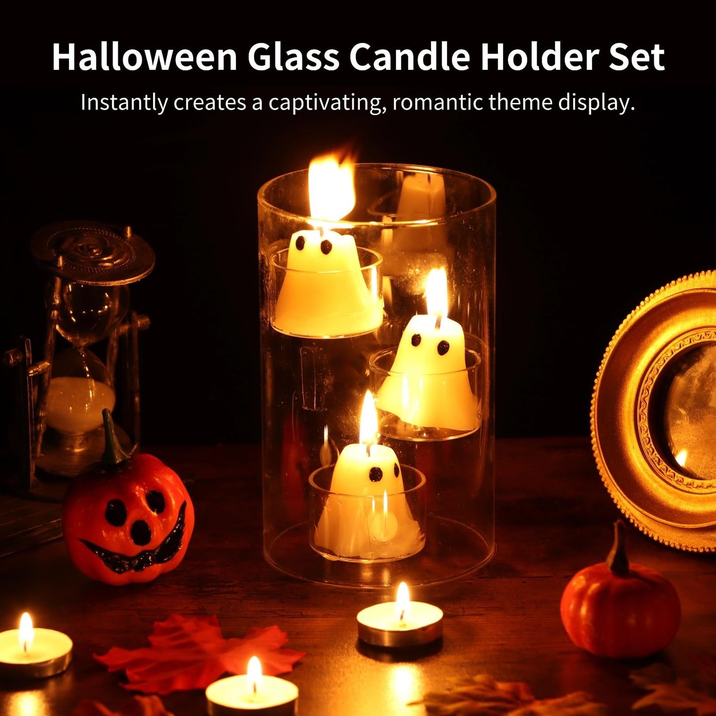 Kronabelle Cylinder Halloween Candle Holder Glass Set, 15 Candles and 20 Tea Lights Included, Decorative Floating Candle Table Centerpiece Kit for Holiday Wedding Party