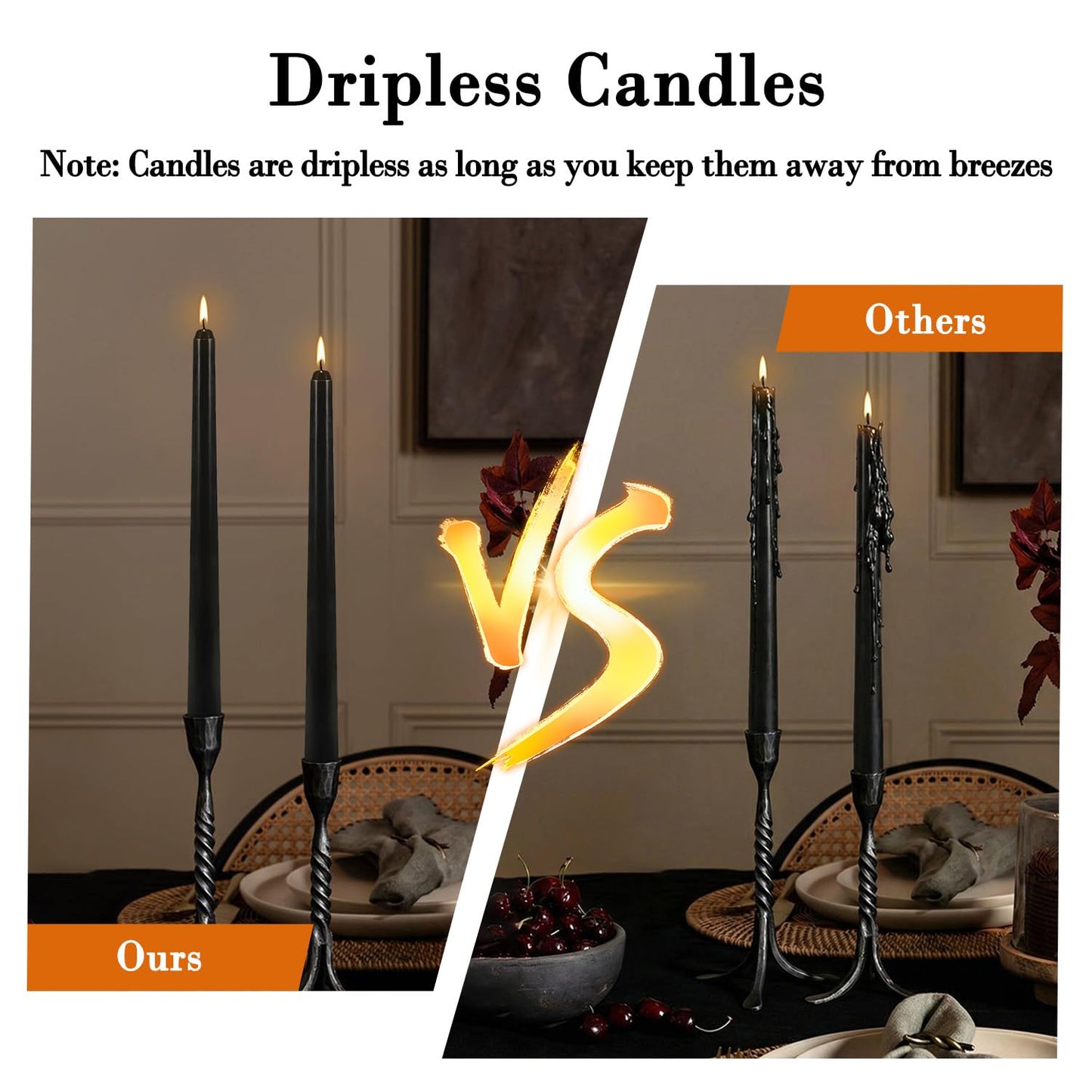 24Pack 10inch Black Taper Candle-Unscented and Smokeless-8hours Long Burning time,Dripless,Ideal for Halloween Taper Candles, Weddings, Dinner,Parties