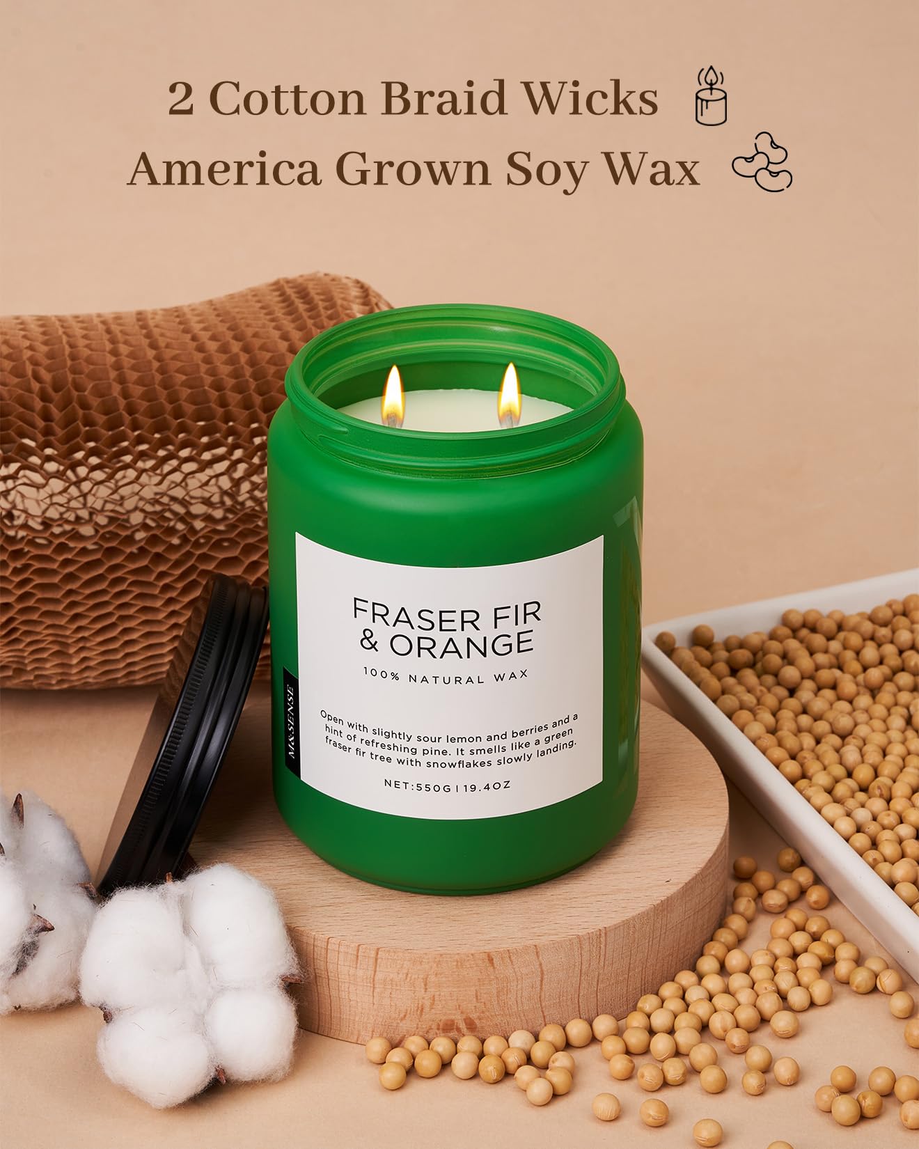 M&SENSE Fraser Fir Pine Scented Candles Large Green Candle for Home 19.4oz 110 Hour Clean Non Toxic Long Lasting Organic Natural Soy Wax Highly Scented Holiday Candle Gifts for Home Decor