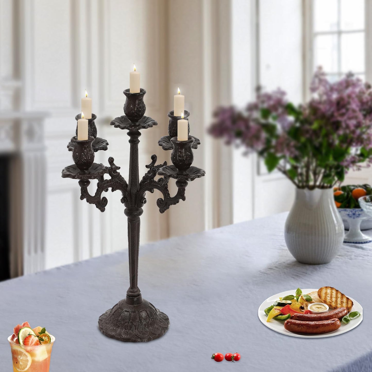 5-Arm Candle Holder, Vintage Candle Holder Set with Scroll Arms, Aged Iron Candelabra with 5-Inch Base, Romantic Table Centerpiece for Wedding, Birthdays, Anniversaries, Christmas, Valentine's Day