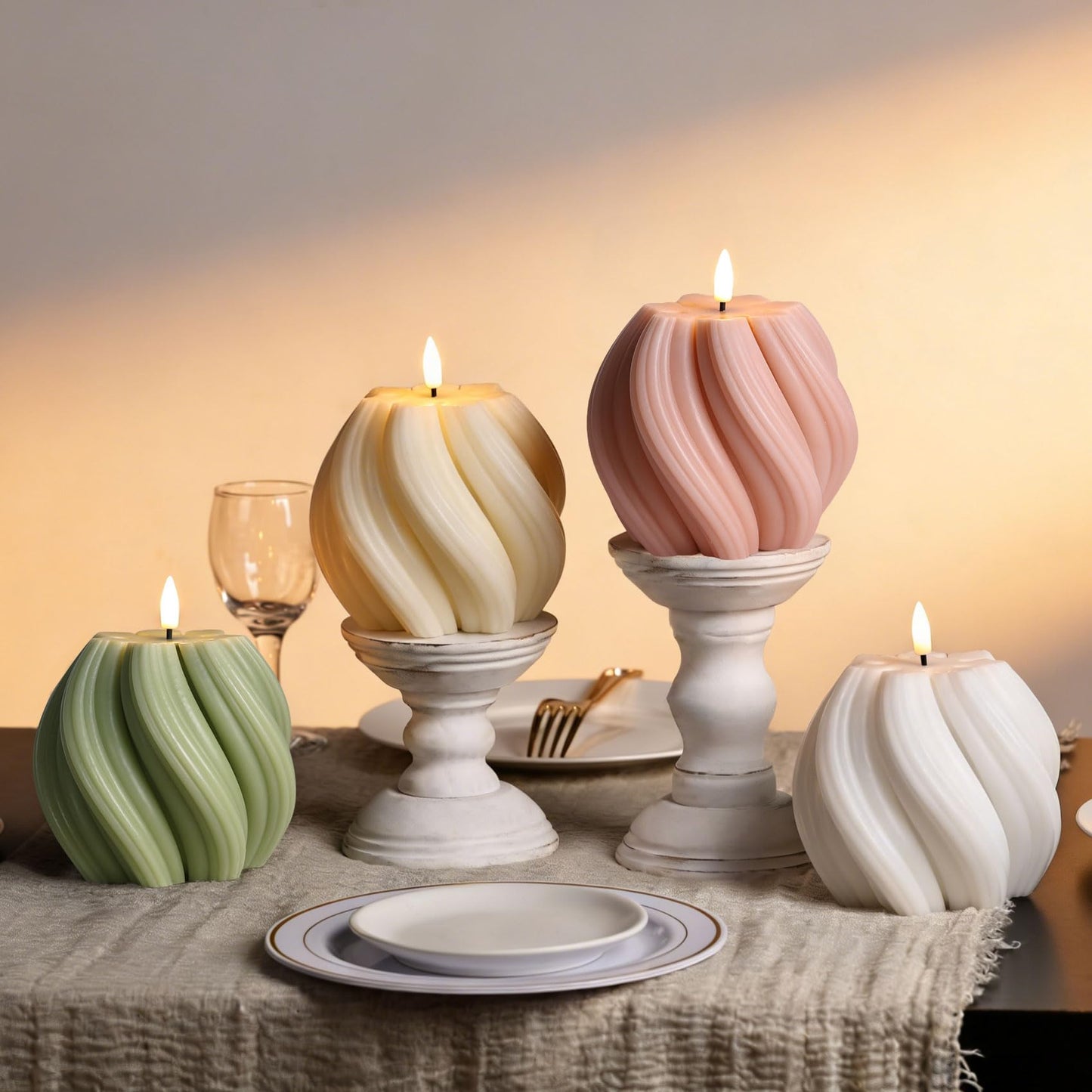Girimax Sage Green Swirl Flameless Candles with Remote, Flickering LED Wax Candle Aesthetic Home Shelf Decor 1 Pack