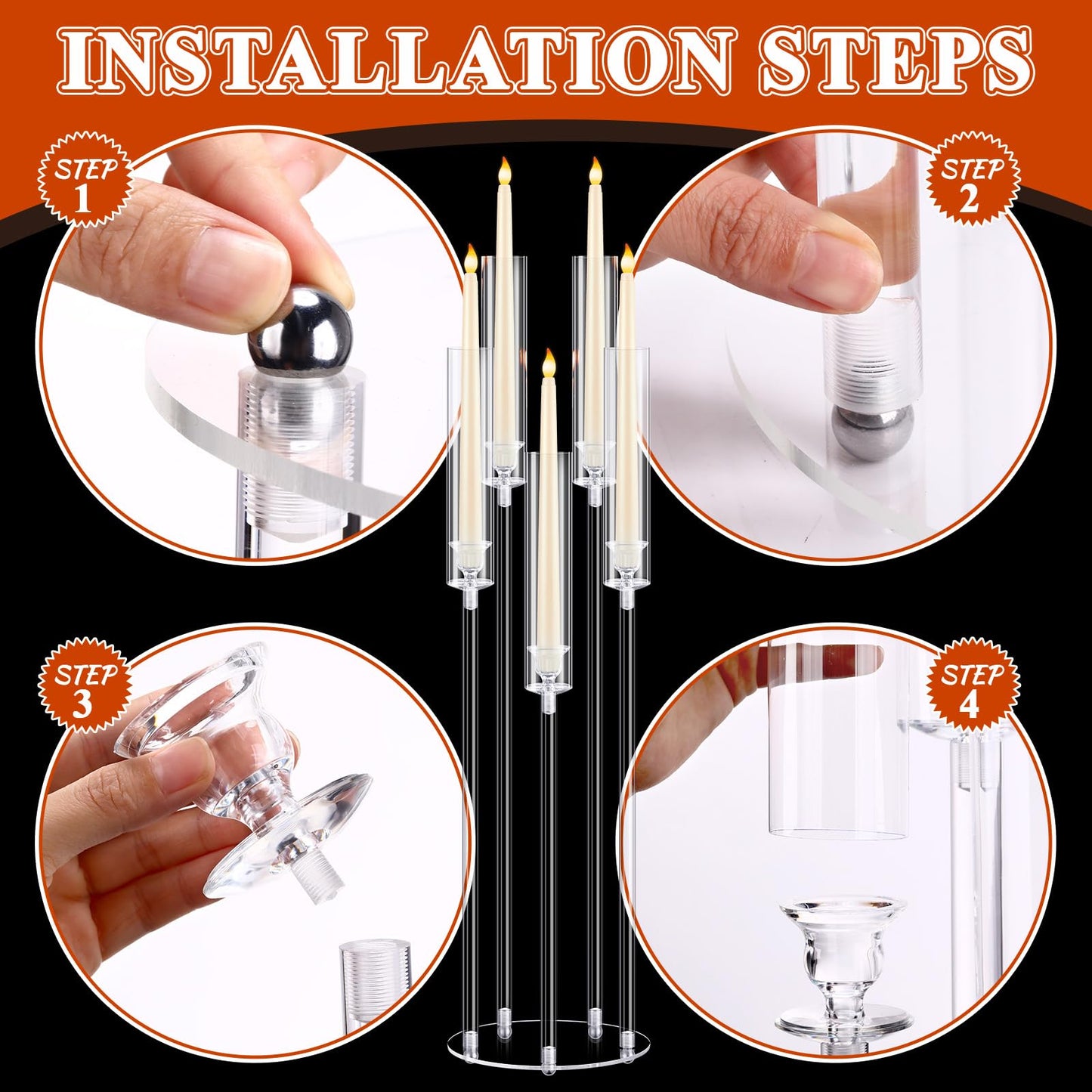 Barydat 4 Pcs Acrylic Candelabra Centerpieces Clear Taper Candle Candlestick Holder Crystal 5 Arm Candlesticks Holder with Acrylic Shade Pillar Fit 0.87" LED Candle for Wedding Dinner Party (Clear)