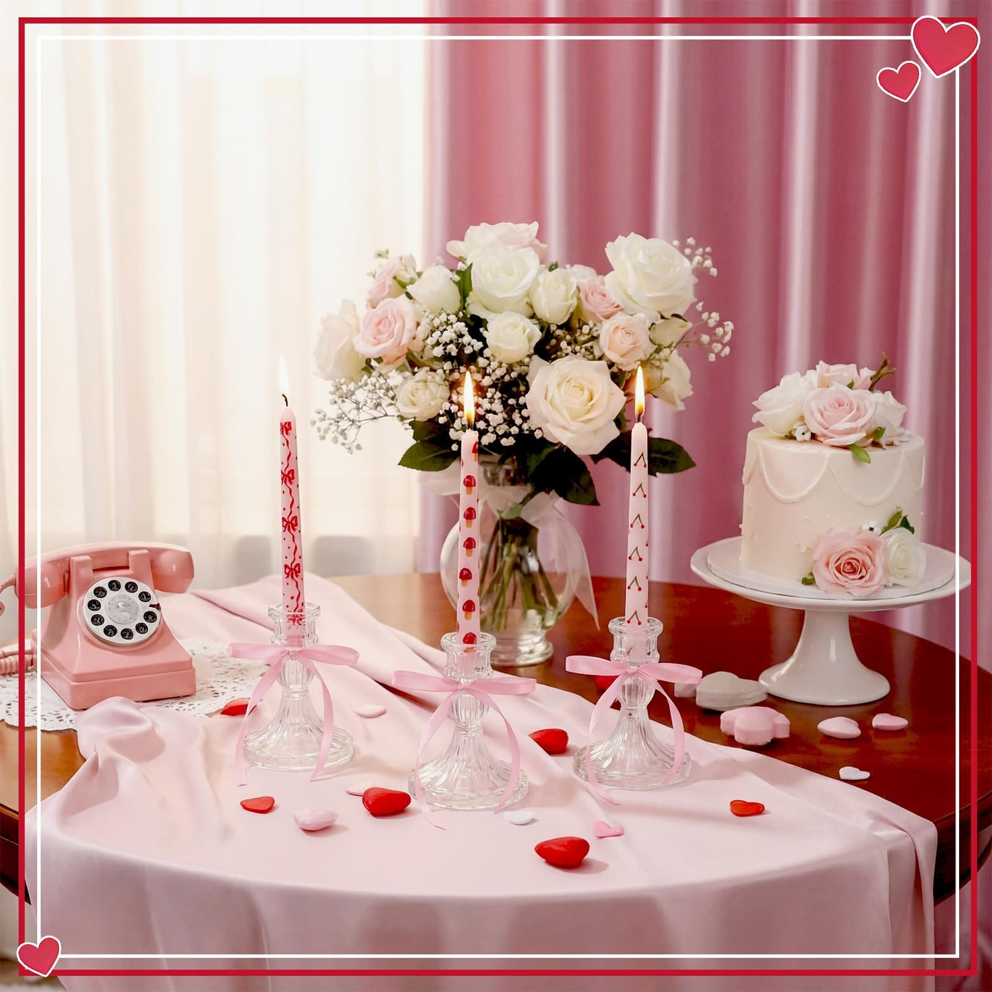 Nuanchu 12 Pcs Galentine's Day Taper Candles Valentines Heart Bow Pink Spiral Candle Sticks Real Wax for Valentines Day Bridal Shower Wedding Anniversary Birthday Dinner Table Home Decor