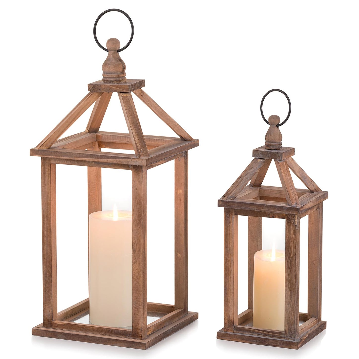 Romadedi Farmhouse Wood Candle Lantern - 12" / 16" Set of 2 Rustic Wooden Lanterns Decorative Candle Holder Home Decor Wedding Table Centerpiece Indoor Outdoor Fireplace Decorations, Brown