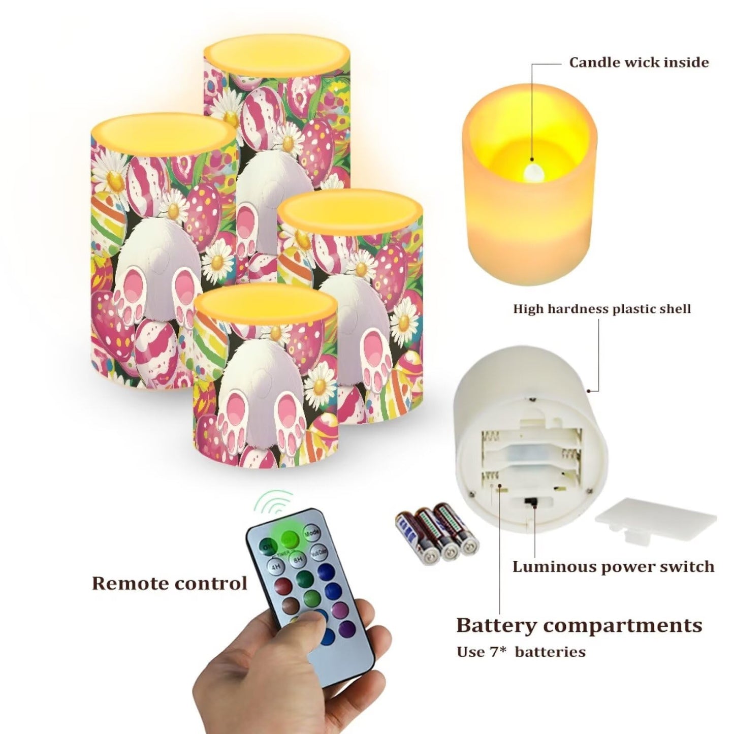 NETILGEN 4 Pcs Easter Decorative Flameless LED Pillar Candles with Timer Remote for Indoor Outdoor Easter Cartoon Bunny