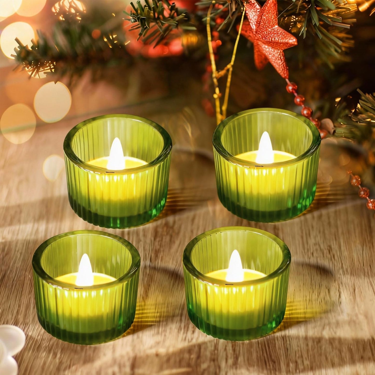 JOYIT Green Votive Candle Holders Bulk Set of 4, Tealight Candle Holder for Wedding Table Centerpiece, Glass Small Candle Holders for Birthday Party, Valentine's Day, Home Decor (2''X 1.4'')