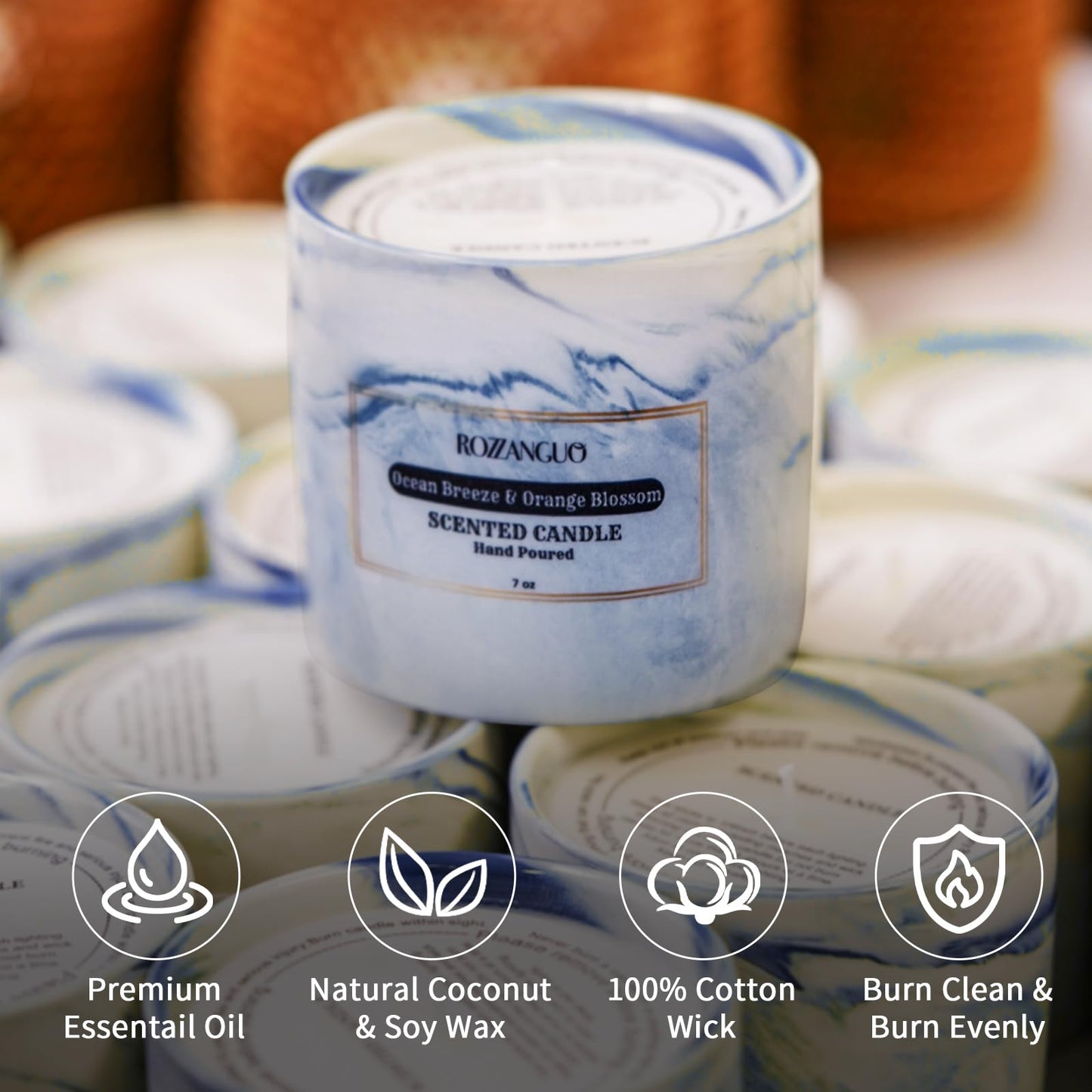 Rozzanguo Luxury Marble Jar Scented Candle | Women Men | Non Toxic 100% Natural Coconut & Soy Wax Blend Cotton Wick | Hand Poured Highly Scented Long Lasting (Ocean Breeze & Orange Blossom, 7 Ounces)