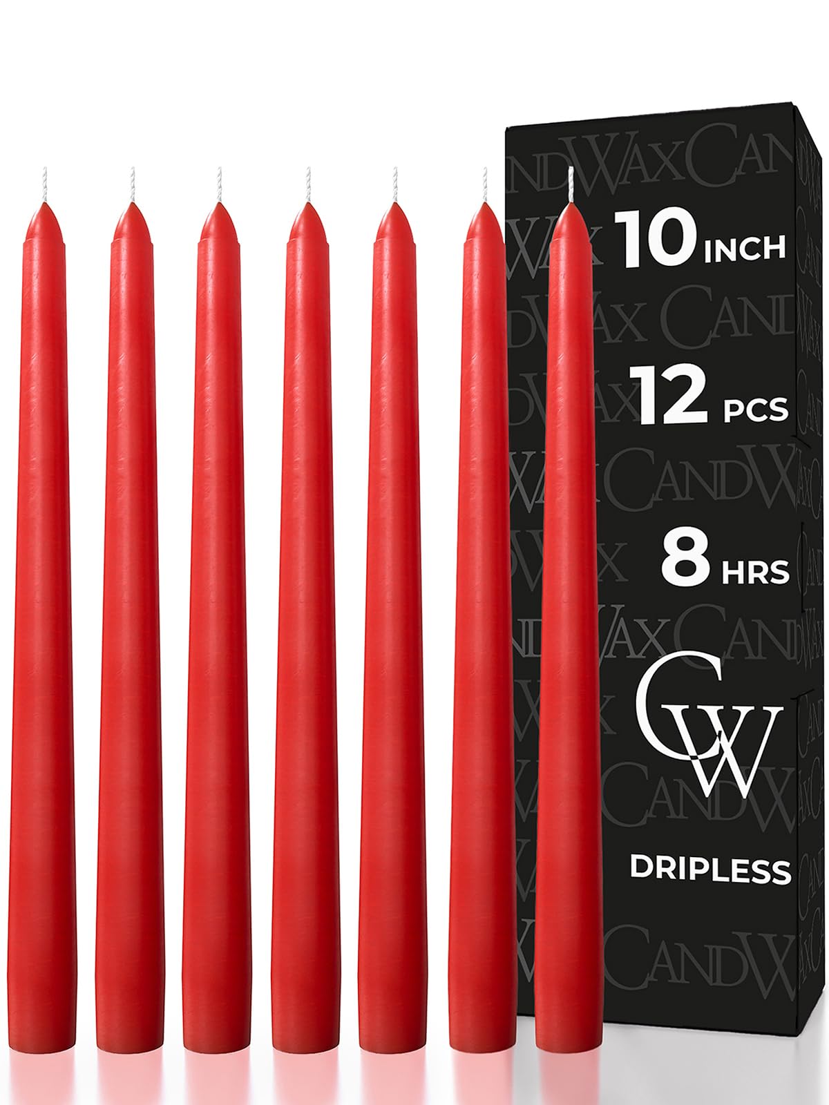 CANDWAX 10 inch Red Taper Candles Set of 12 - Dripless and Long Burning Candlesticks - Perfect as 10 inch Taper Candlesticks for Dinner or Holiday Home Decor - Red Candle Sticks