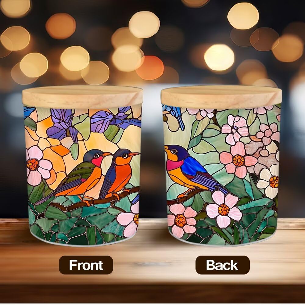 Stained Glass Birds Tea Light Candle Holders, Spring Blossoms Tealight Candle Holder Jar with Wooden Lid, Votive Candlesticks for Table Centerpieces, Christmas,Birthday Party,Home Decor