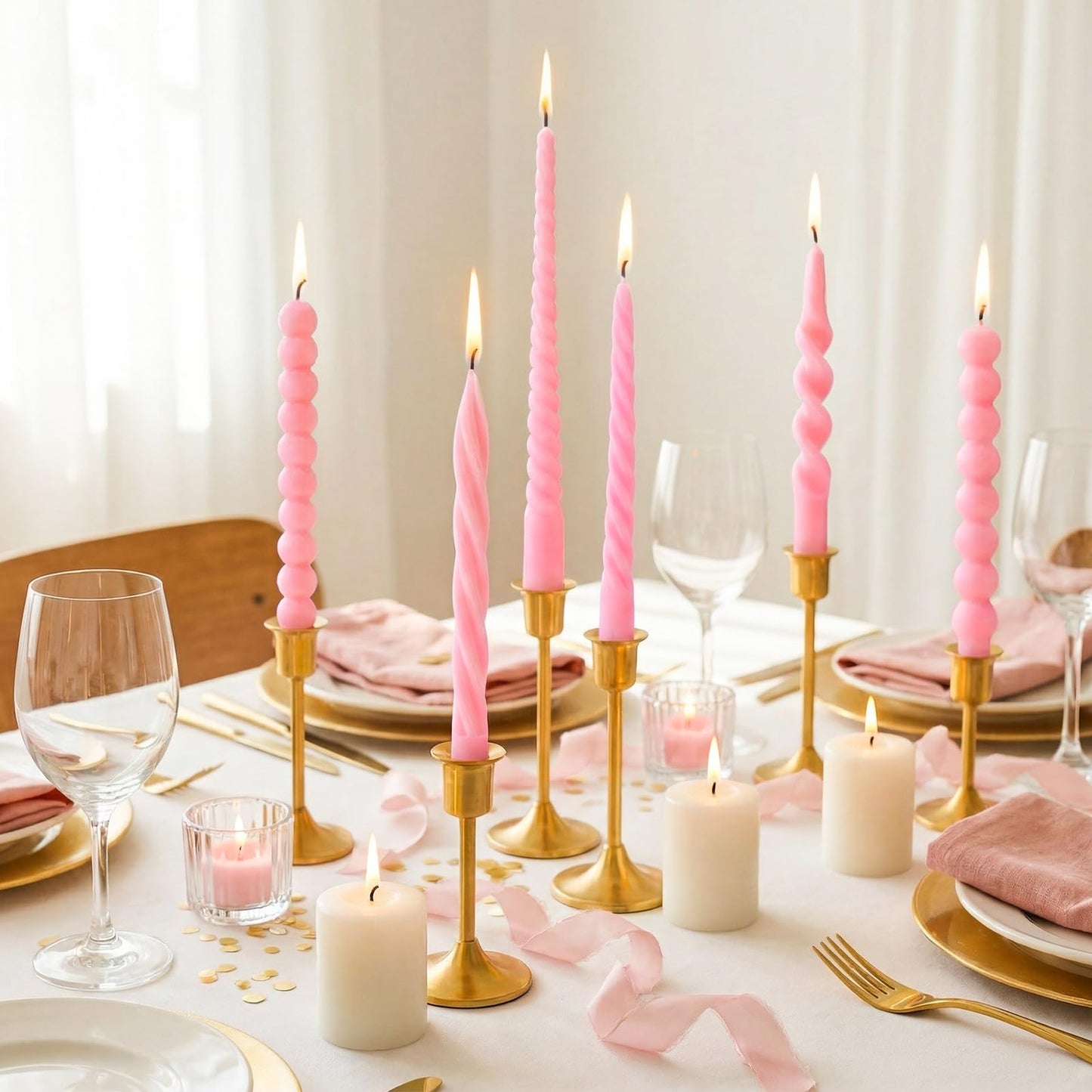 Conelist 10 Inch Pink Twisted Taper Candles Set of 6, Tall Smokeless Twisted Candlesticks for Wedding Holiday Birthday Home Party Decorations