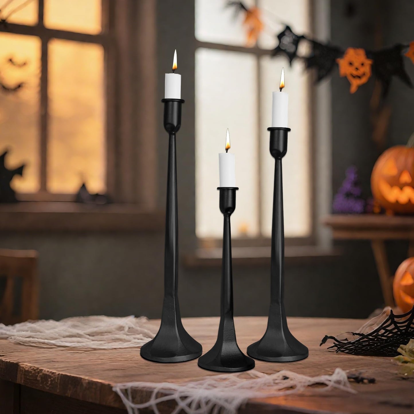 Set of 3 Taper Candle Holders, Cast Iron Candlestick Holders Tall for Wedding, Dining Table, Halloween & Fall Decor, Home Decoration (Black, 12" 14" 15.5")
