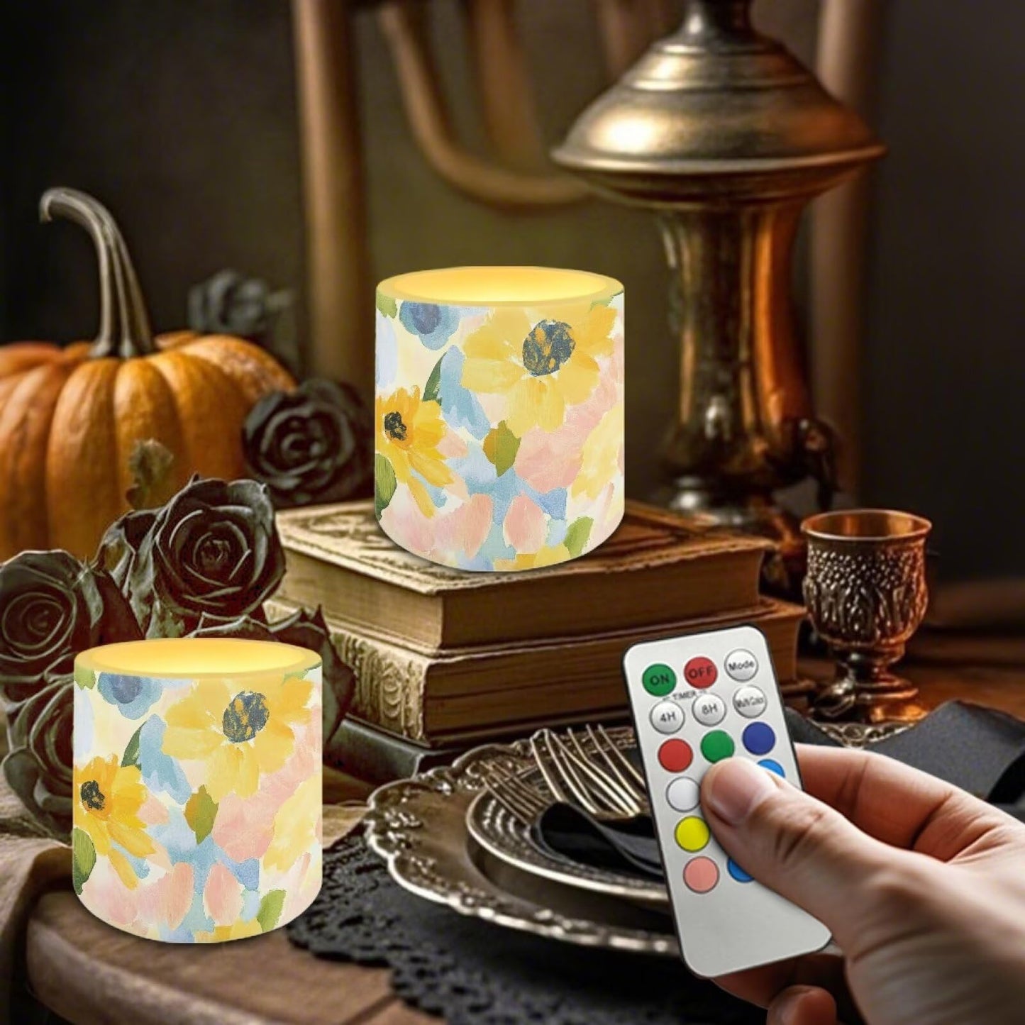 Cozeyat Sunflower Flameless Candles 4 Pack Battery Operated LED with Remote Control Timer Waterproof Pillar Candles for Indoor Outdoor Table Patio