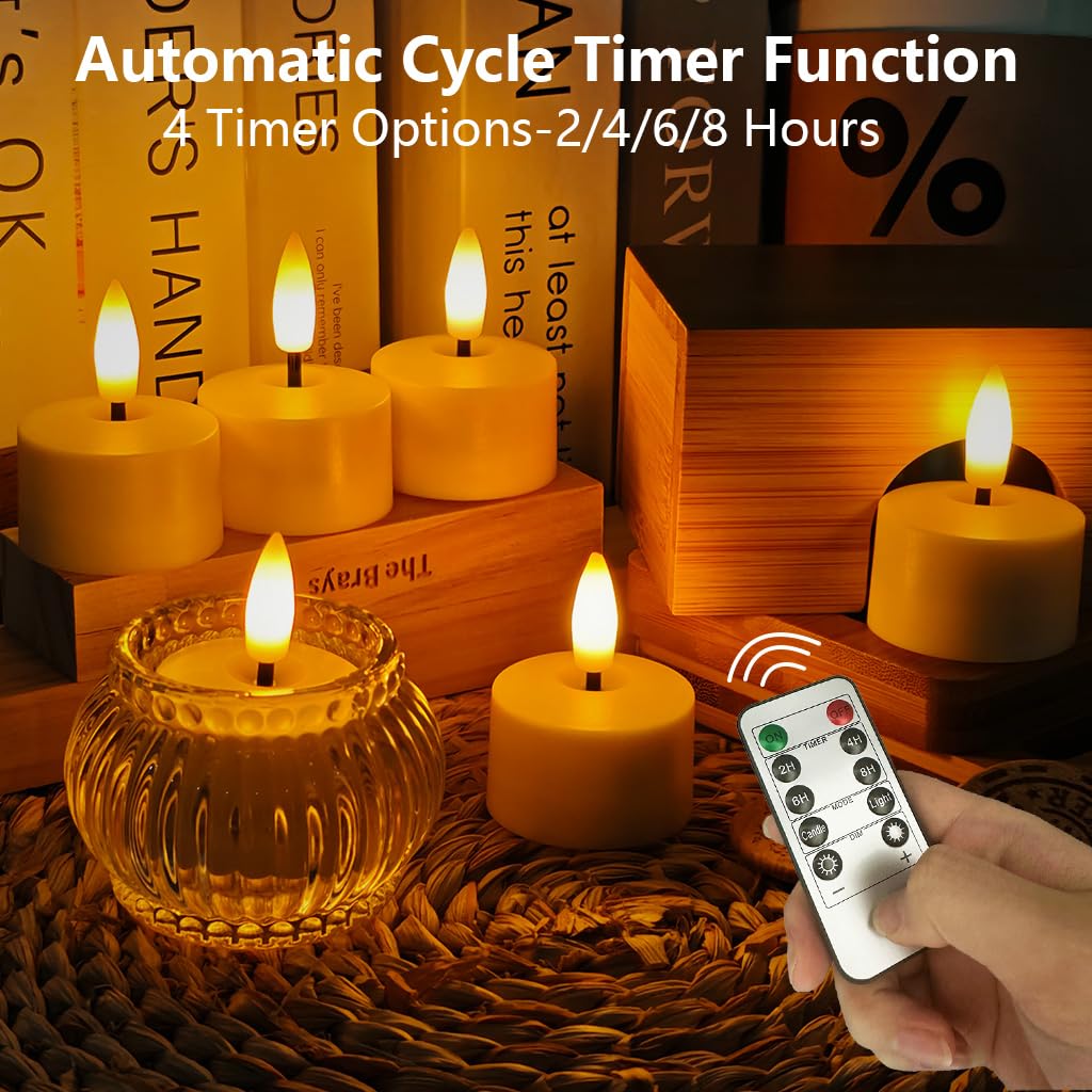 Ntewidbroansa Flameless Rechargeable Tea Lights with Remote Timer - LED Electric Candles Realistic Flickering for Valentines Decoration&Home Decor, Wedding Table, 6-Pack (Φ 1-1/2''×H 2'')
