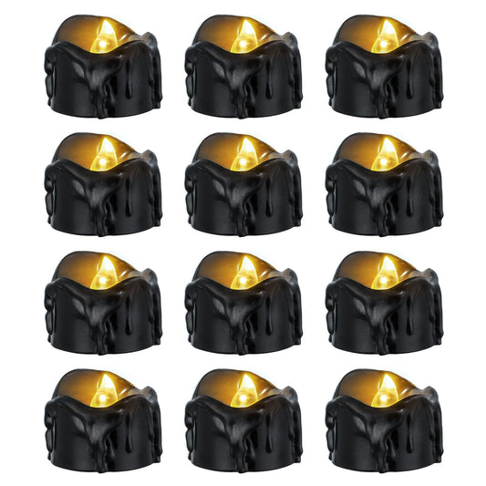 Windshell Black Tealight Candles with Auto 6H Timer (No Remote), Battery Operated LED Flameless Tea Lights with Melting Design, for Halloween Wedding Party, 12 Pack