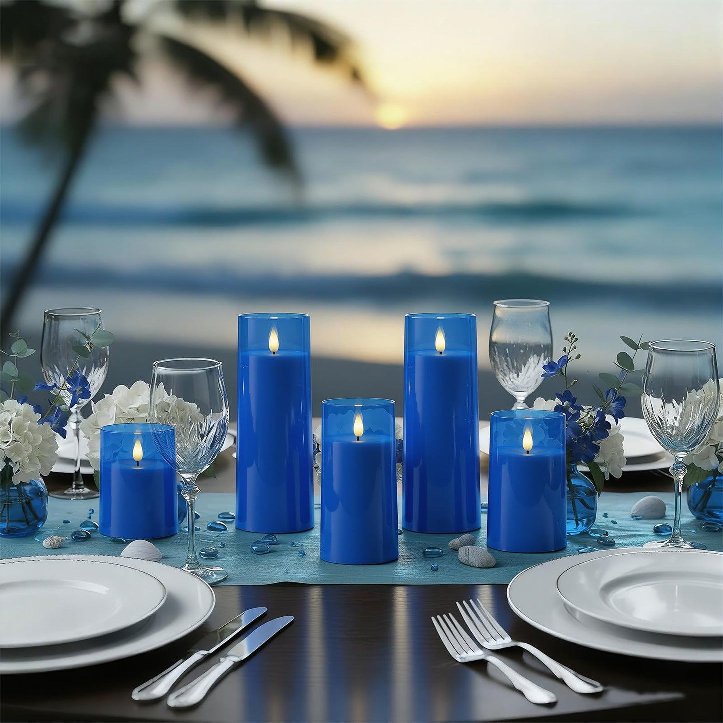 Raycare Independence Day Flameless Candles Battery Operated with Remote Timer, Acrylic Flickering LED Pillar Candle for 4th of July Home Patriotic Decor, Gift for Family and Friend, Blue, Set of 5