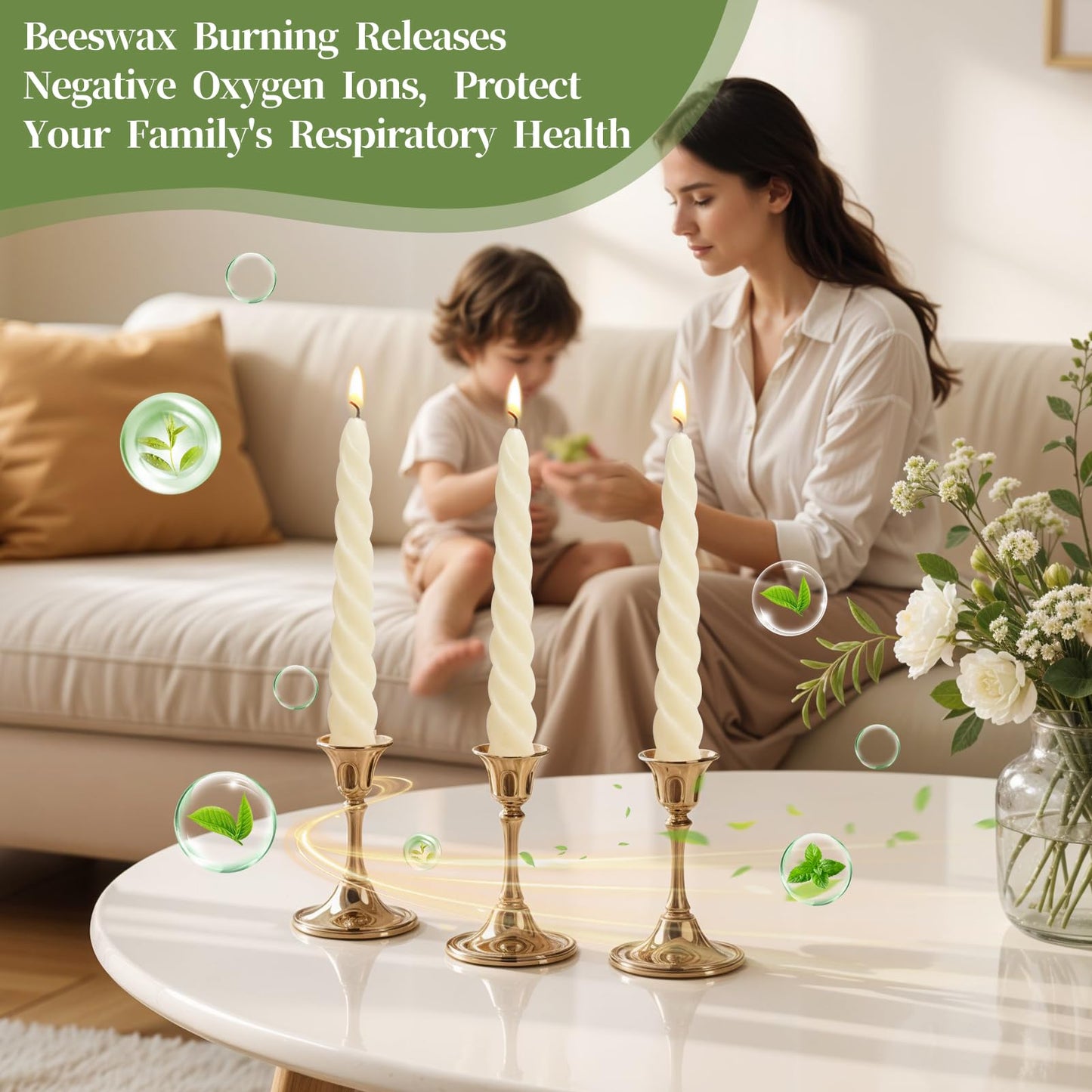 8 Pack Beeswax Taper Candles,7in Spiral Taper Candle Sticks,7 Hour White Beeswax Candlesticks,100% Natural Smokeless Dripless and Unscented Bees Wax Candle for Home,Prayer