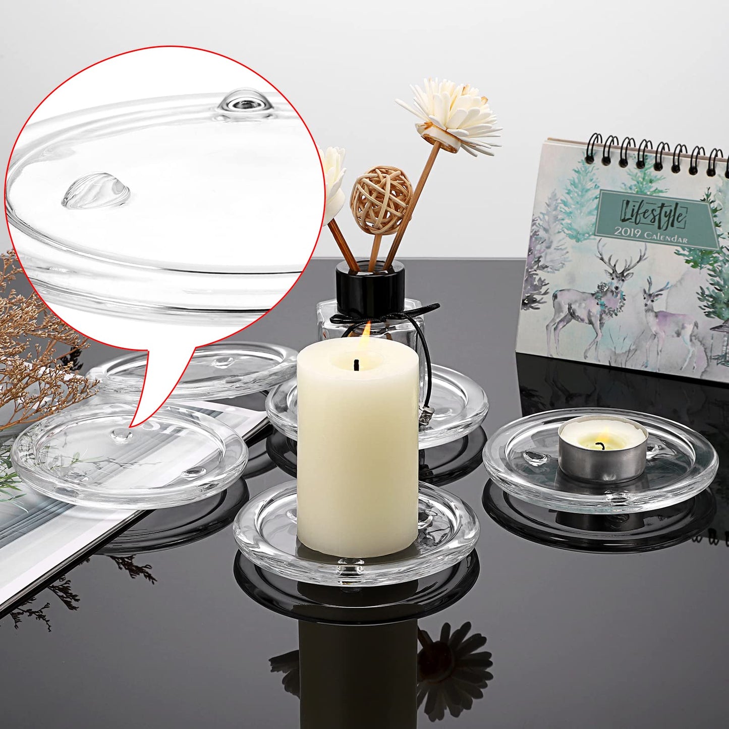 OwnMy 5PCS Clear Glass Candle Plates 3 Inch Pillar Candle Holders, Glass Coasters Small Round Candle Base & Plates and Trays for Dining Wedding Table Centerpieces
