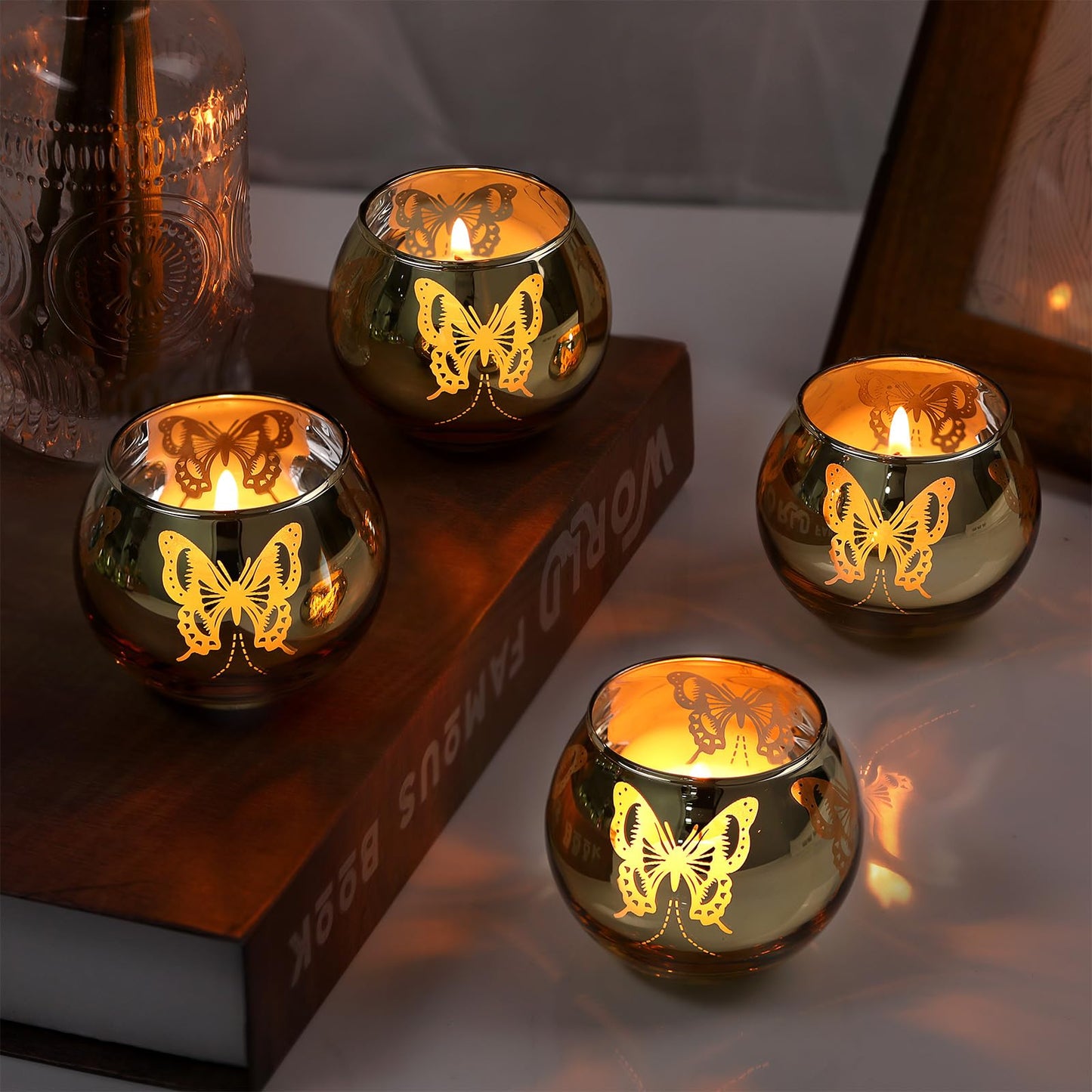 Gold Votive Candle Holders Set, 12 PCS Tea Lights Candle Holder Decorative Bulk with Butterfly Pattern, Candle Holders for Wedding, Birthday, Anniversary, Parties, and Holiday Decorations