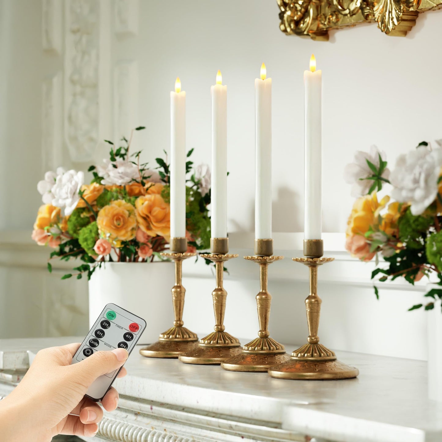 Rechargeable Flameless Taper Candles, Real Wax 9.6 Inch LED Candlesticks with Remote, flickering White Battery Operated Candles with Charging Station for Home, Holidays, Weddings, Party Decor, 4 Pack