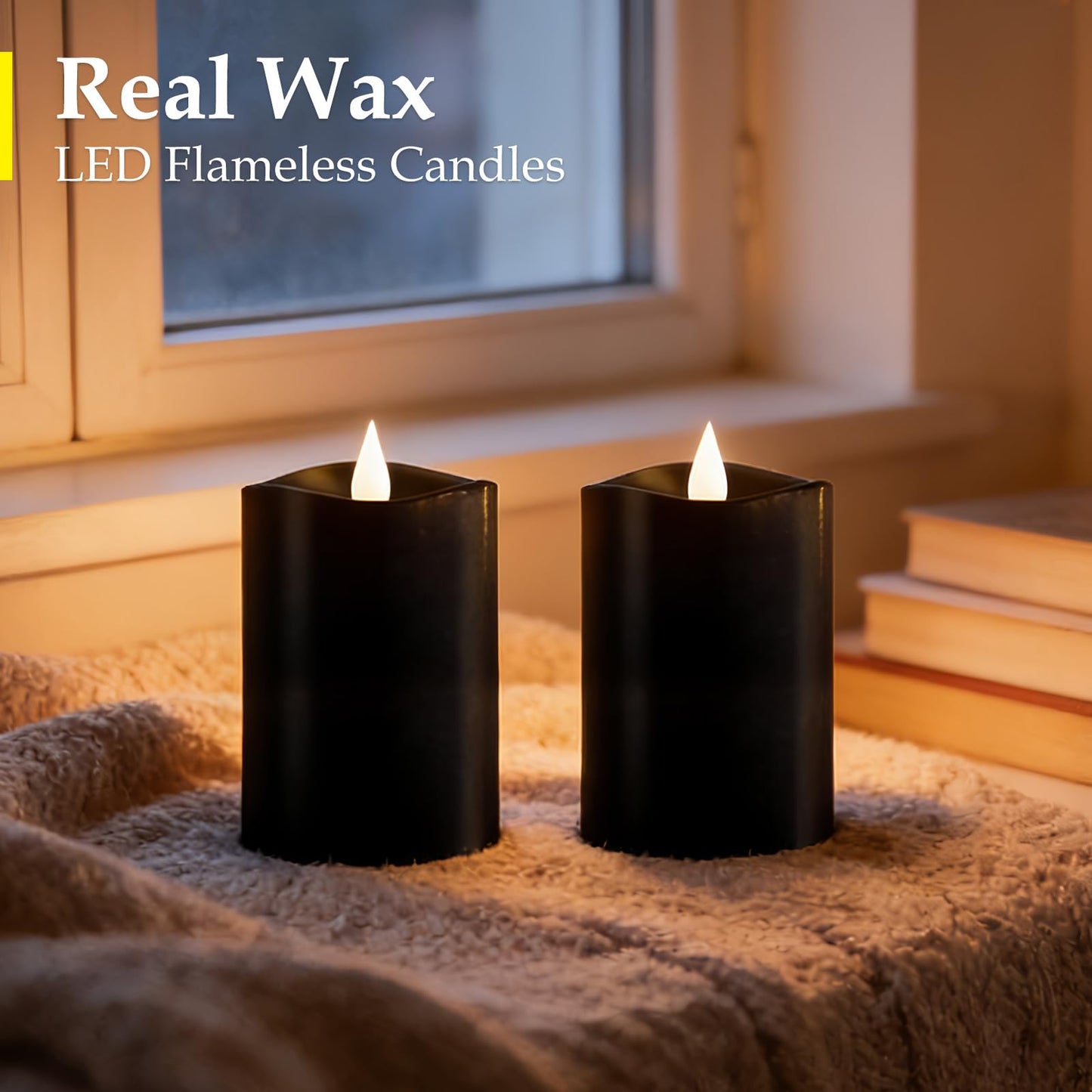 Woocodowe Black Flameless LED Candles - 3" x 4" Real Wax, Battery Operated with Remote Timer, 3D Flickering, Lasts 600+ Hours, Halloween & Christmas Deco (Black, 3"*4"-2pcs)