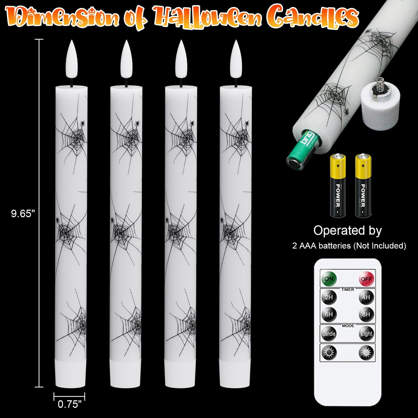 Wondise Halloween Flameless Taper Candles with Remote & Timer, 4 Pack Spider Web Halloween Candles Battery Operated Real Wax LED Flickering Candlestick for Halloween Table Decorations, 02020051