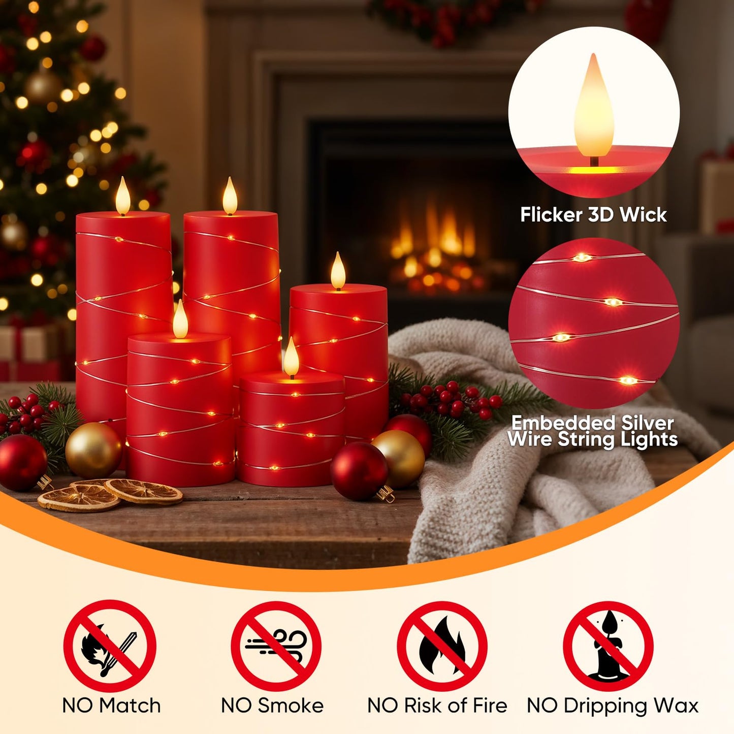 Raycare Independence Day Flameless Candles with Remote Timer, Flickering Battery Operated LED Pillar Fake Candle with String Lights for 4th of July Patriotic Home Decor, Wedding Gift, Red, Set of 5
