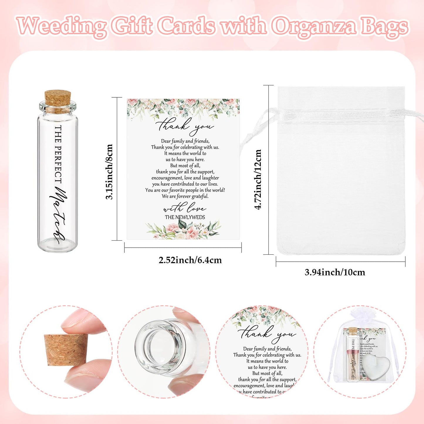 Wovnet 50 Sets Wedding Party Favors for Guests Bulk Including Heart Shaped Candles and Empty Matches Jars with Cork Top Thank You Cards and Organza Bags for Wedding Bridal Shower Party (Flower)