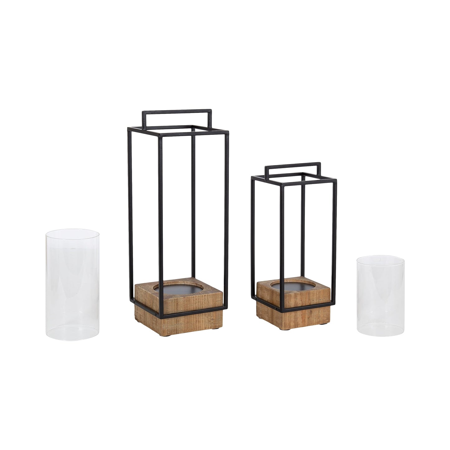 Kate and Laurel Brandt Farmhouse Two-Piece Candle Holder Set; 7 x 7 x 19; Hazelnut and Black; Transitional Wood and Metal Lantern Candle Holders for Fireplace Mantel Display