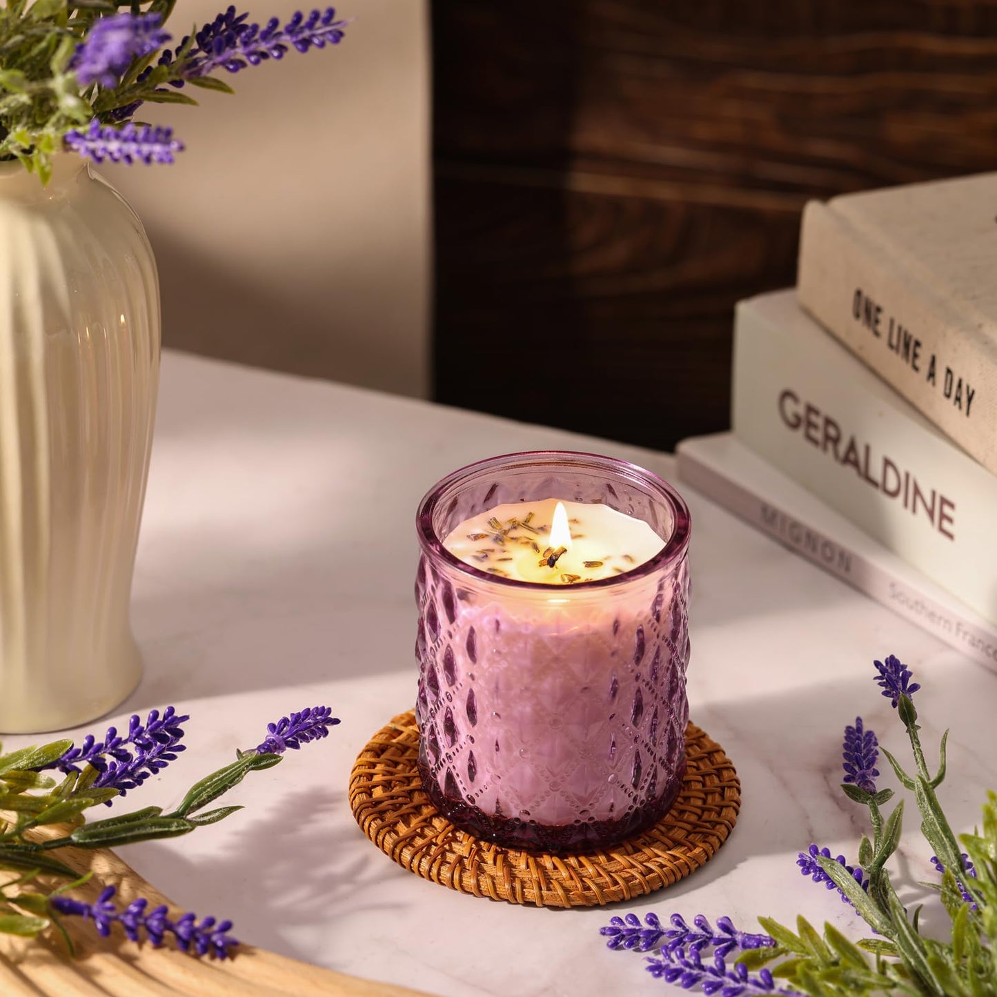MATAHUM 2 Pack Lavender Scented Candles for Home Decor, 6.5oz Natural Soy Wax Aromatherapy Jar Candles, Lavender Candle for Relaxing Meditation, Birthday Housewarming Giftable for Women