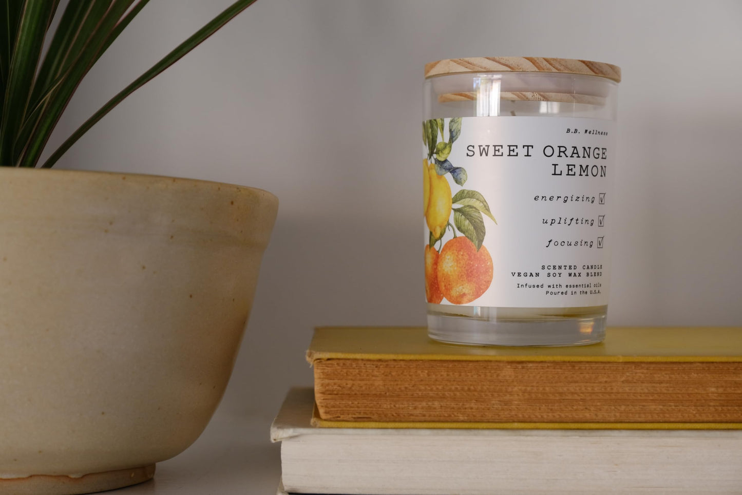 LEOBEN CO – Sweet Orange Lemon Scented Candle – 9oz, B.B. Wellness Collection Design – 50 hr Burn Time – Poured in California Using Vegan Soy Wax and Essential Oils – Made in Small Batches