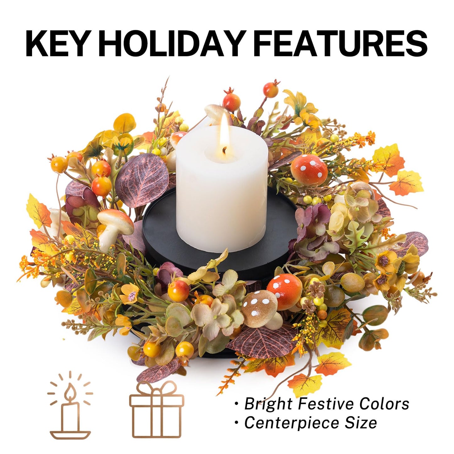 MOYEE Candle Holder Centerpieces for Tables,Candle Ring,Wreaths, Black Metal Candle Stick Paired Artificial Flowers 14 in Versatile Dining Table Centrepiece (Daisy Mushroom Wreath)