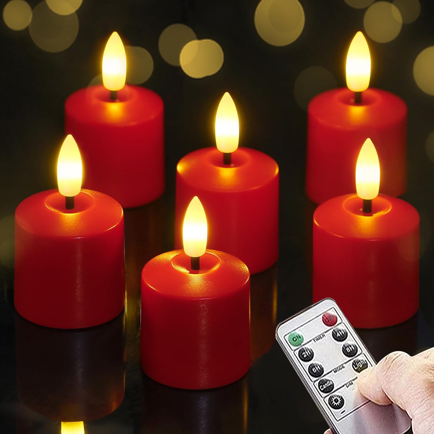 Mavandes Small Flickering Tea Light Flameless Candles with Battery and Remote,1.5" x2.5" Red LED 2/4/6/8H Timer Votive Battery Operated Pillar Plastic Long Lasting 6pcs Tealight Candles