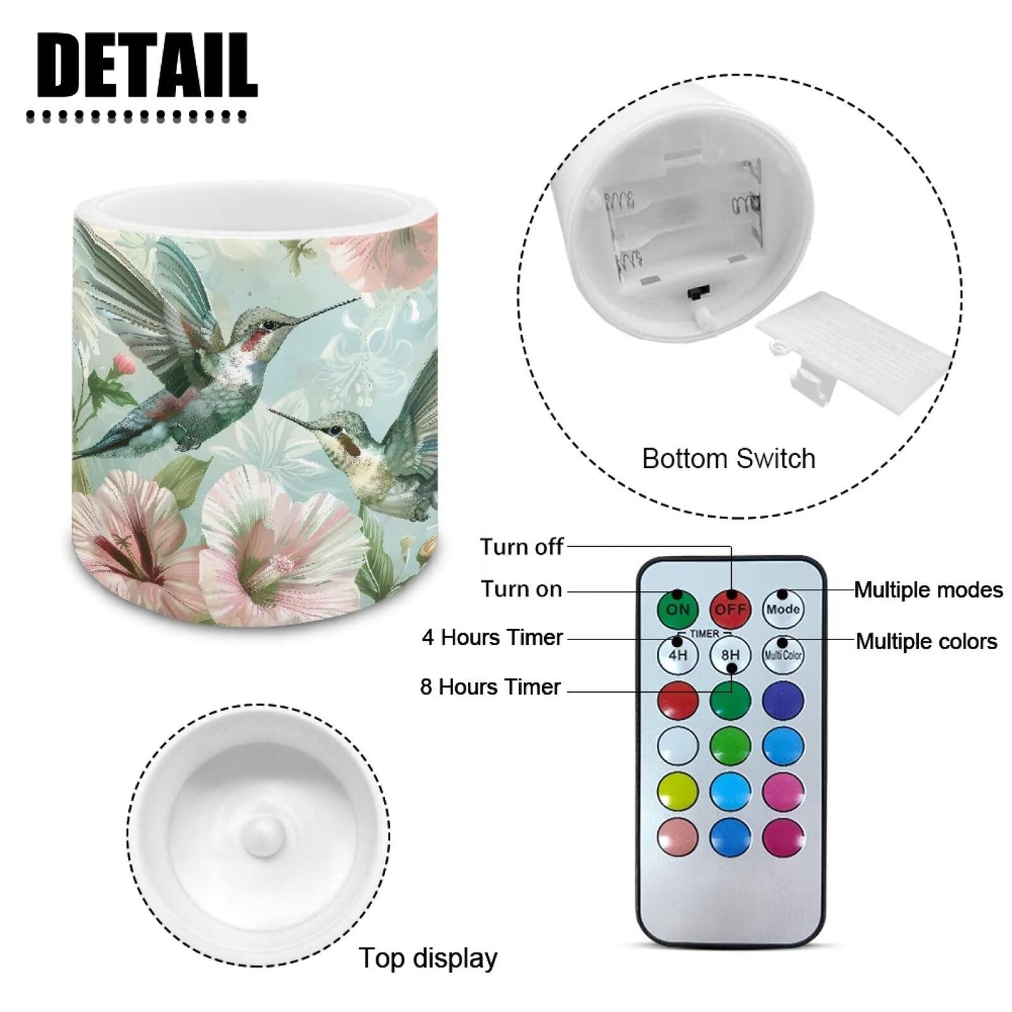 Merkmak 4 Pack Flameless Candles with Remote Battery Operated Pillar Candles with Timer, Boho Floral Hummingbird LED Elictric Tealights for Banquet Home Decorations