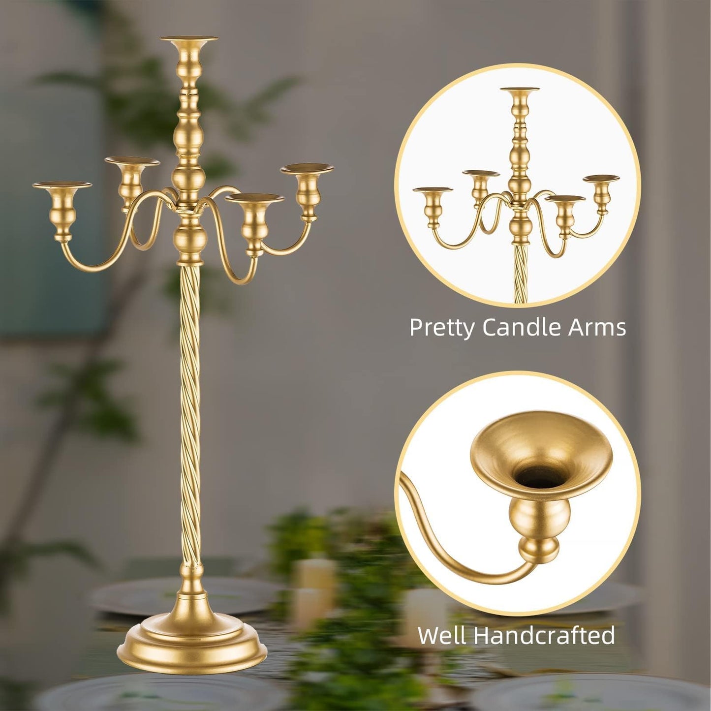 Romadedi Candelabra Gold Candle Stand: 28" Tall 5-Branch Candlestick Holder for Wedding Centerpiece Decor Christmas Holiday Event Reception Decoration,2Pcs