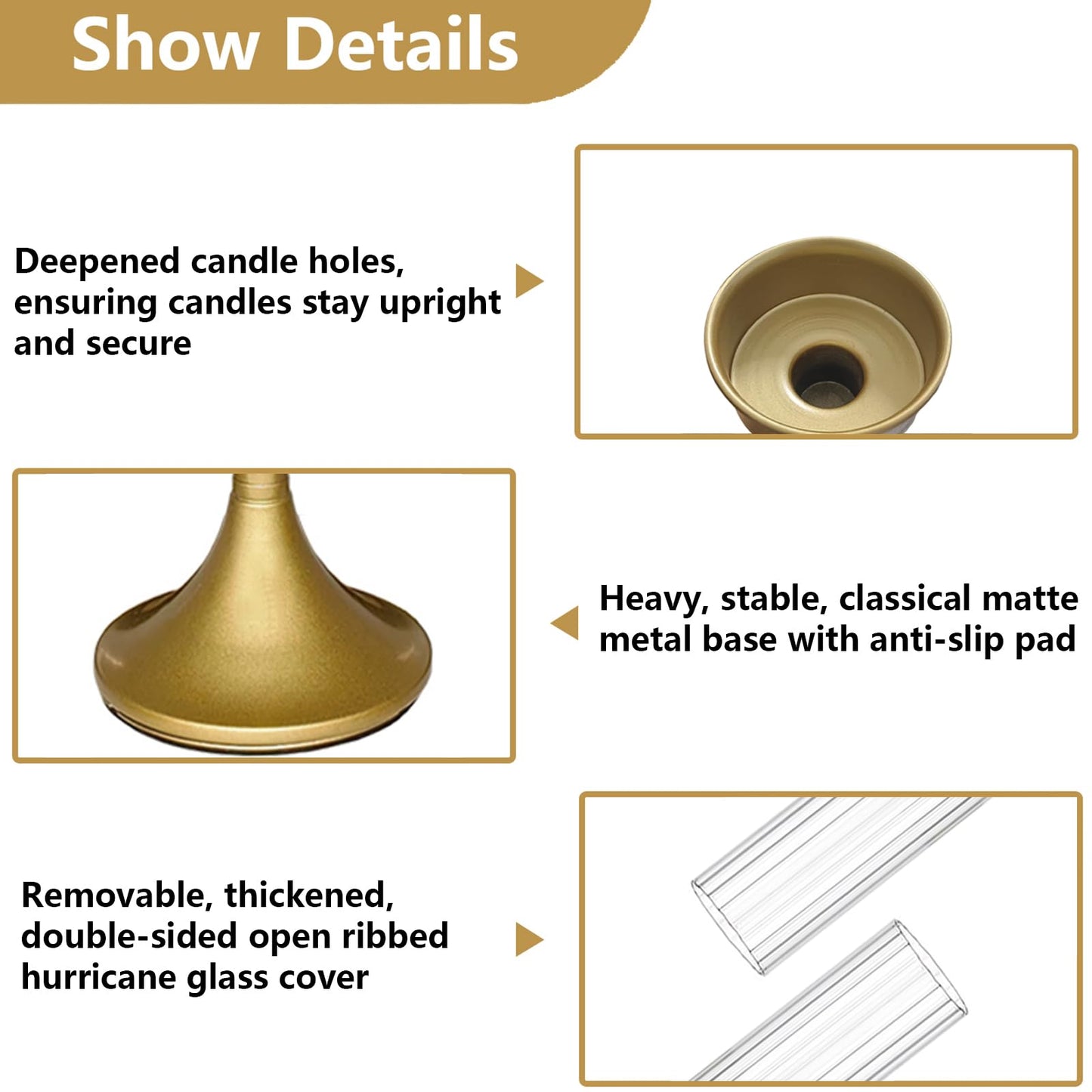 NOLIPED Gold Hurricane Candle Holders - Brass Candlestick Holders Set of 3 Tall Taper Candlesticks Fluted Glass Candle Stick Holder Decor for Wedding Party Christmas Mantel Dining Table Centerpieces