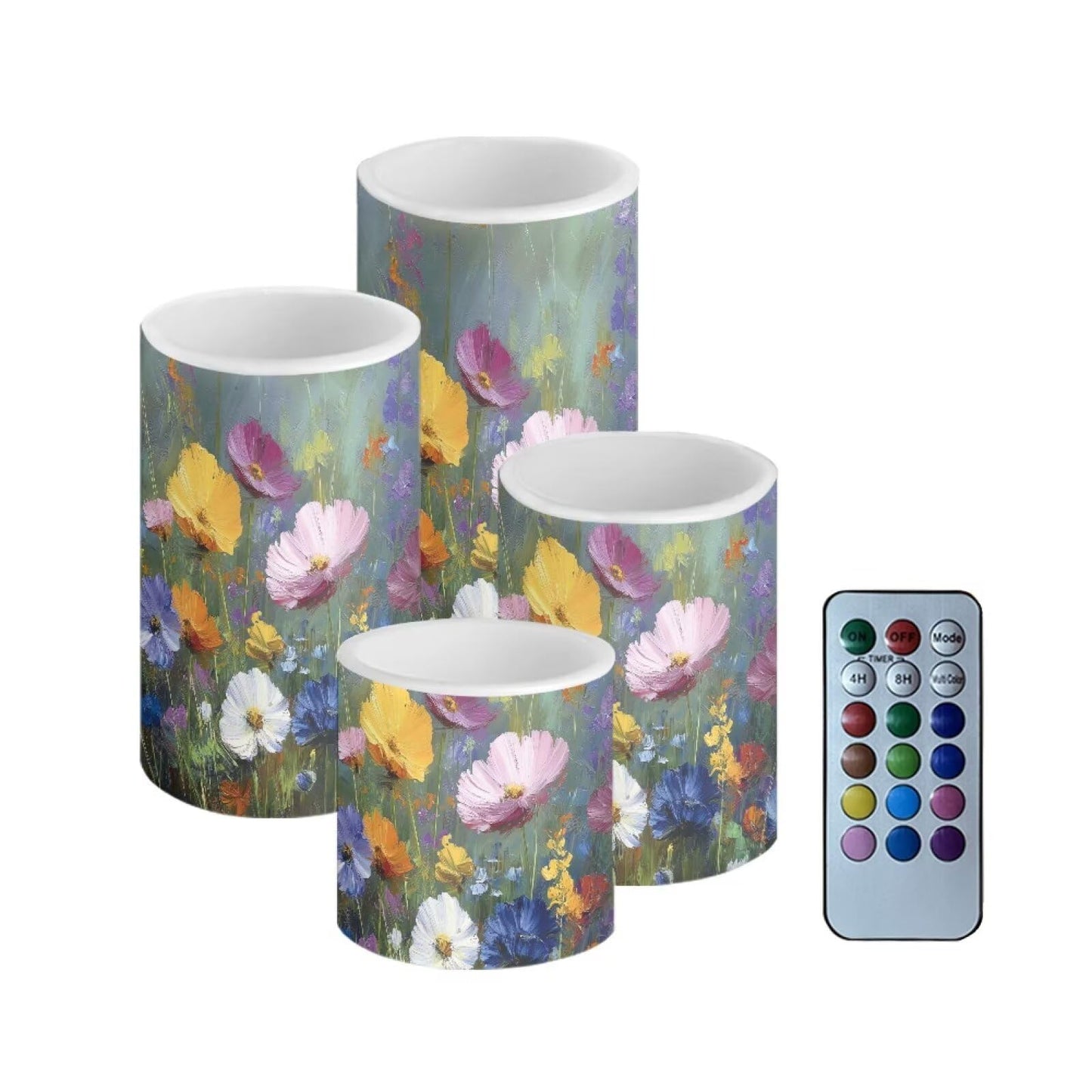 Cozeyat Nature Print Flameless Candles 4 Pack Battery Operated LED Pillar Candles with Remote Control Timer Color Changing for Wedding Home Beach