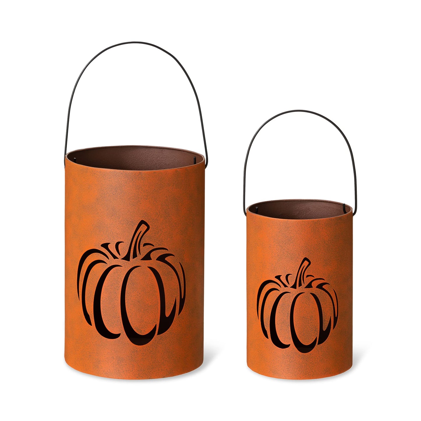 Glitzhome 2 Pack Halloween Cutout Pumpkin Lantern Candle Holder Bucket Thanksgiving Metal Standing or Hanging Porch Signs Decor, Orange