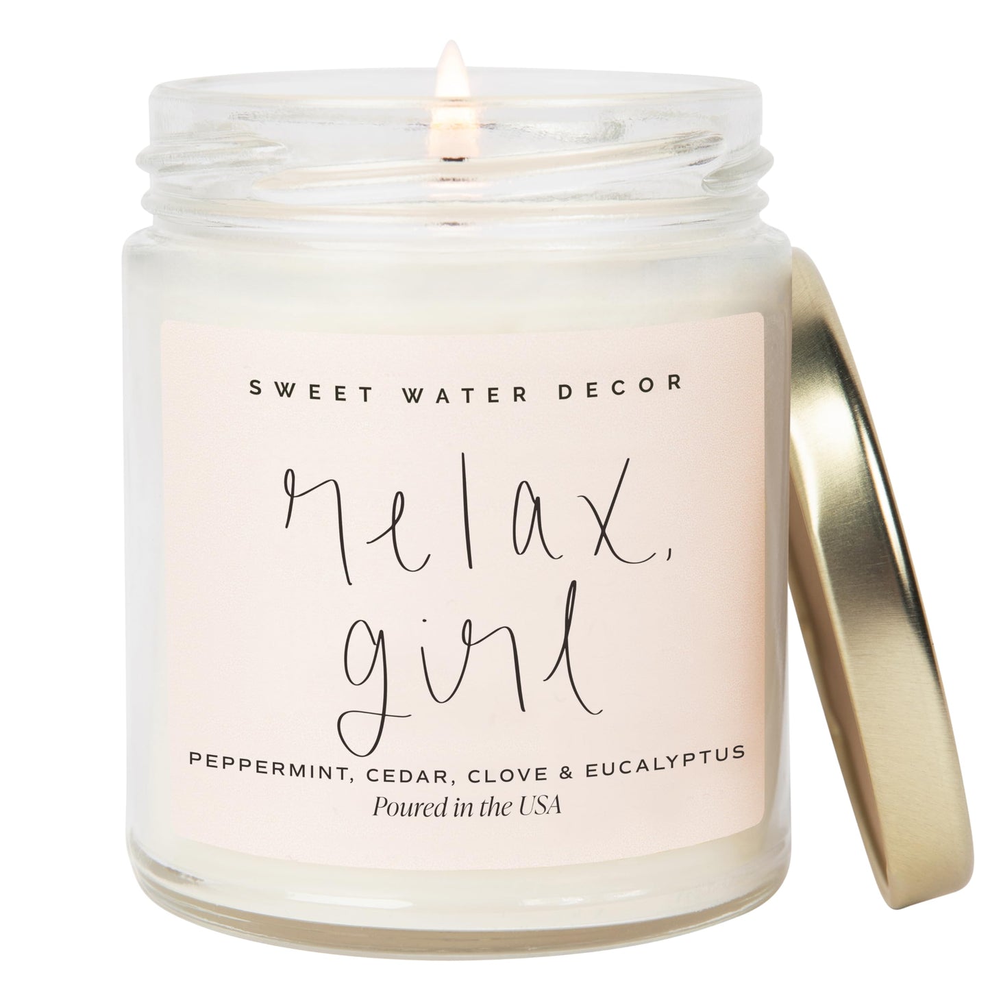 Sweet Water Decor Relax Girl, Peppermint, Cedar, Clove, and Eucalyptus Scented Soy Wax Candle for Home | 9oz Clear Jar, 40 Hour Burn Time, Non Toxic, Made in the USA