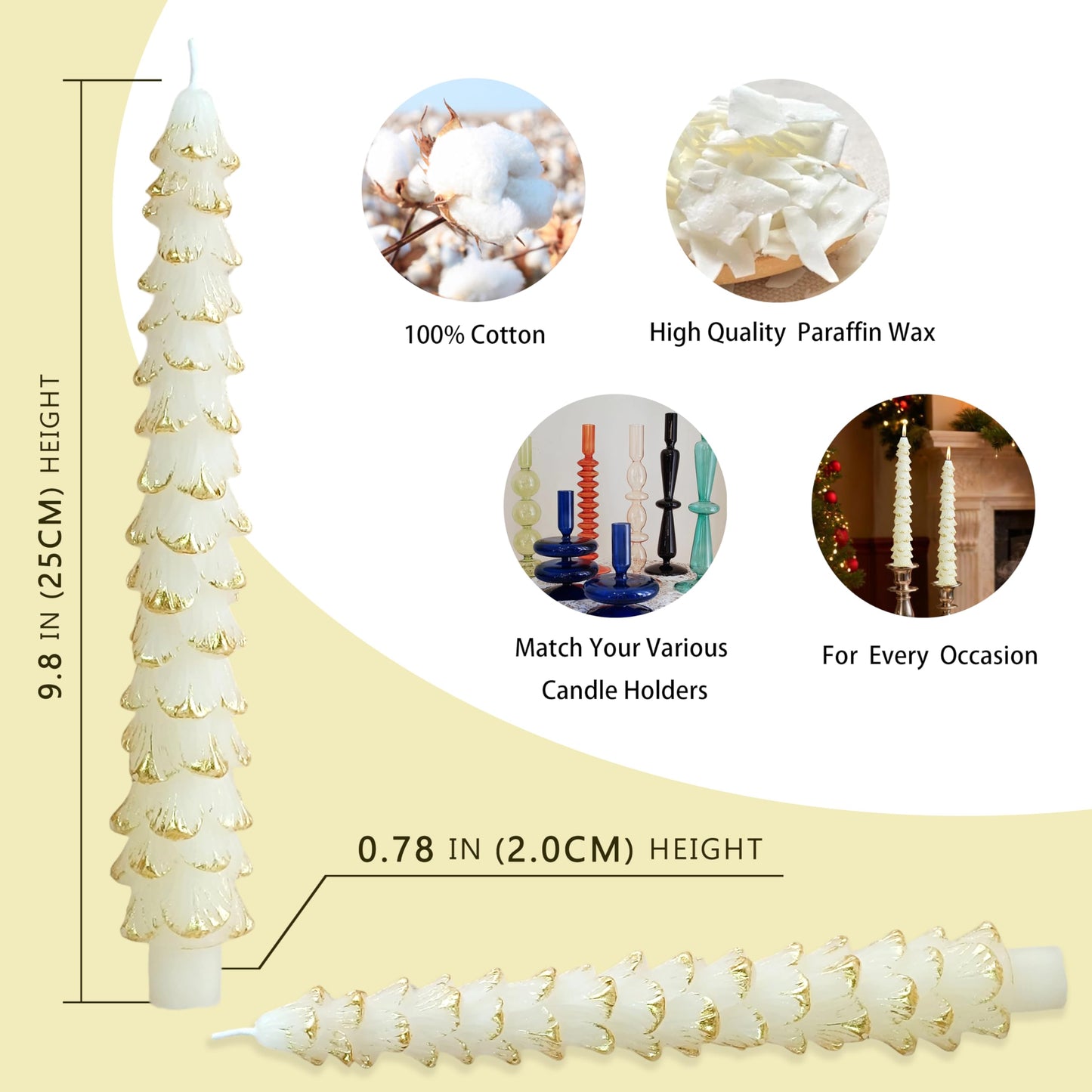 10 Inch Christmas Tree Taper Candles Set of 2, Handmade Unscented White Gold Tapered Candles Dinner Candles for Candlestick Holders, Holiday Wedding Table Decor