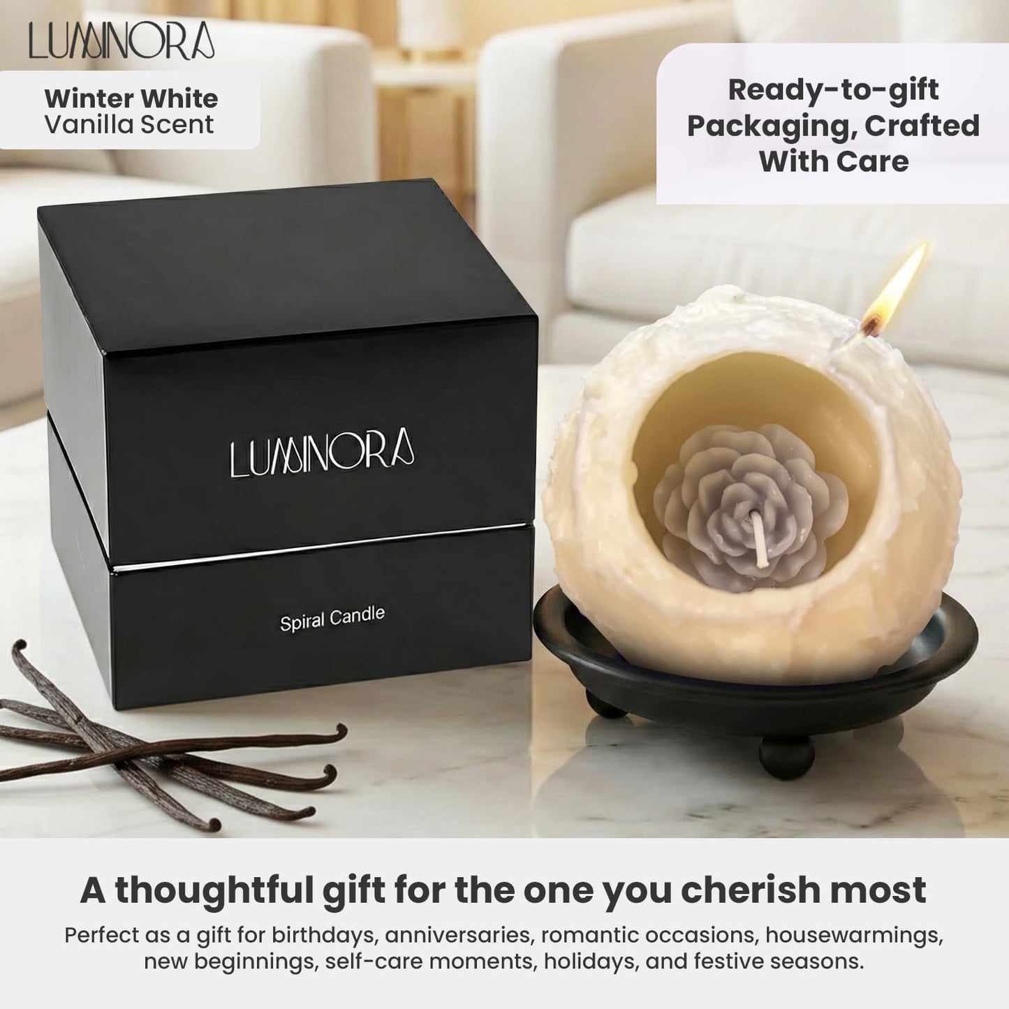 Spiral Candle with Hollow Round Design, Sculptural Wax Decor Gift, Unique Wick Flame Path, Modern Accent Piece for Shelf, Table, Mantel, and Entryway Display Set (Yellow, Vanilla Scented) - LUMINORA